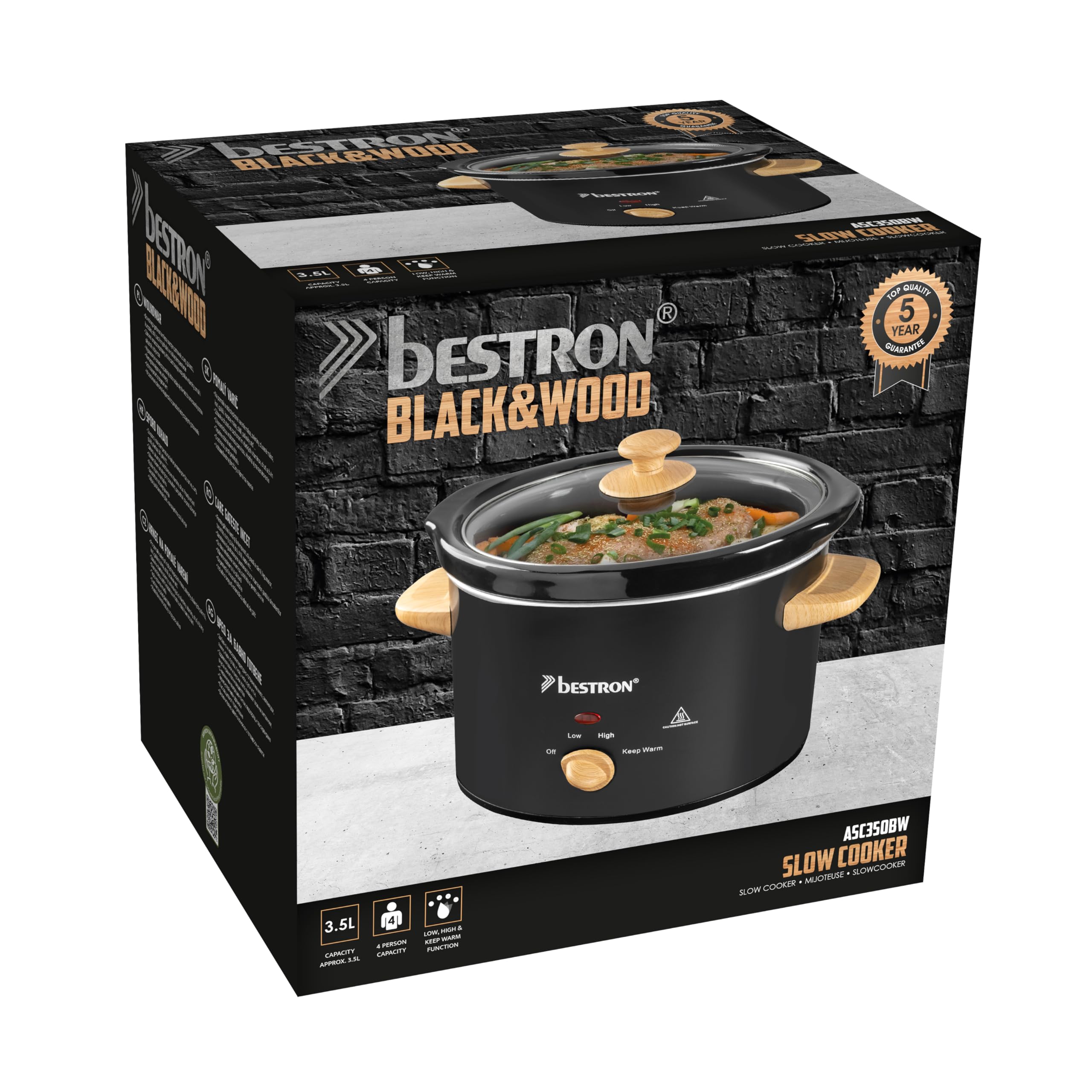 Bestron Slowcooker para 4 personas, Olla de Cocción Lenta con cacerola de cerámica y tapa de vidrio, termostato de 3 niveles, ideal para muchos platos como carne y sopas, 3.5 litros, Negro/Madera