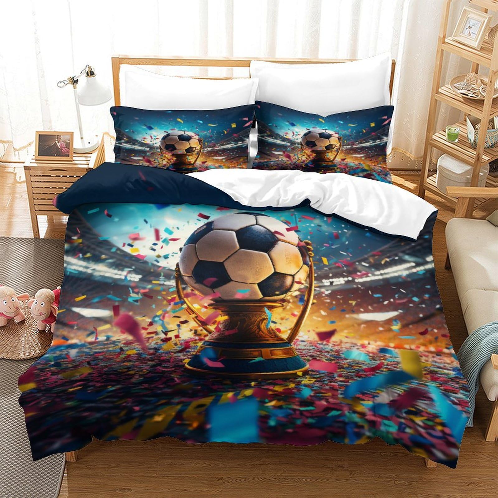 Housse de couette football 140x200 cm avec taie d'oreiller en microfibre pour lit simple