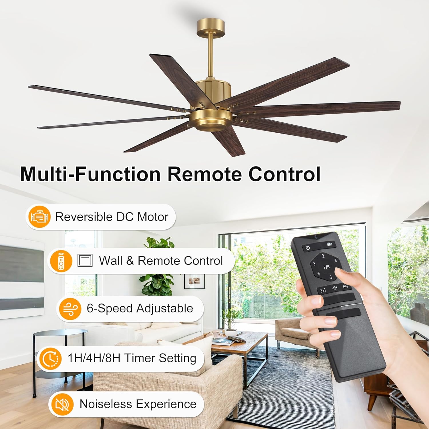 WINGBO 64" Ceiling Fan without Light, Modern Large Ceiling Fan with Remote Control, 6-Speed Reversible Noiseless DC Motor, Gold and Black/Walnut Blades for Living Room, Bedroom & Covered Outdoor