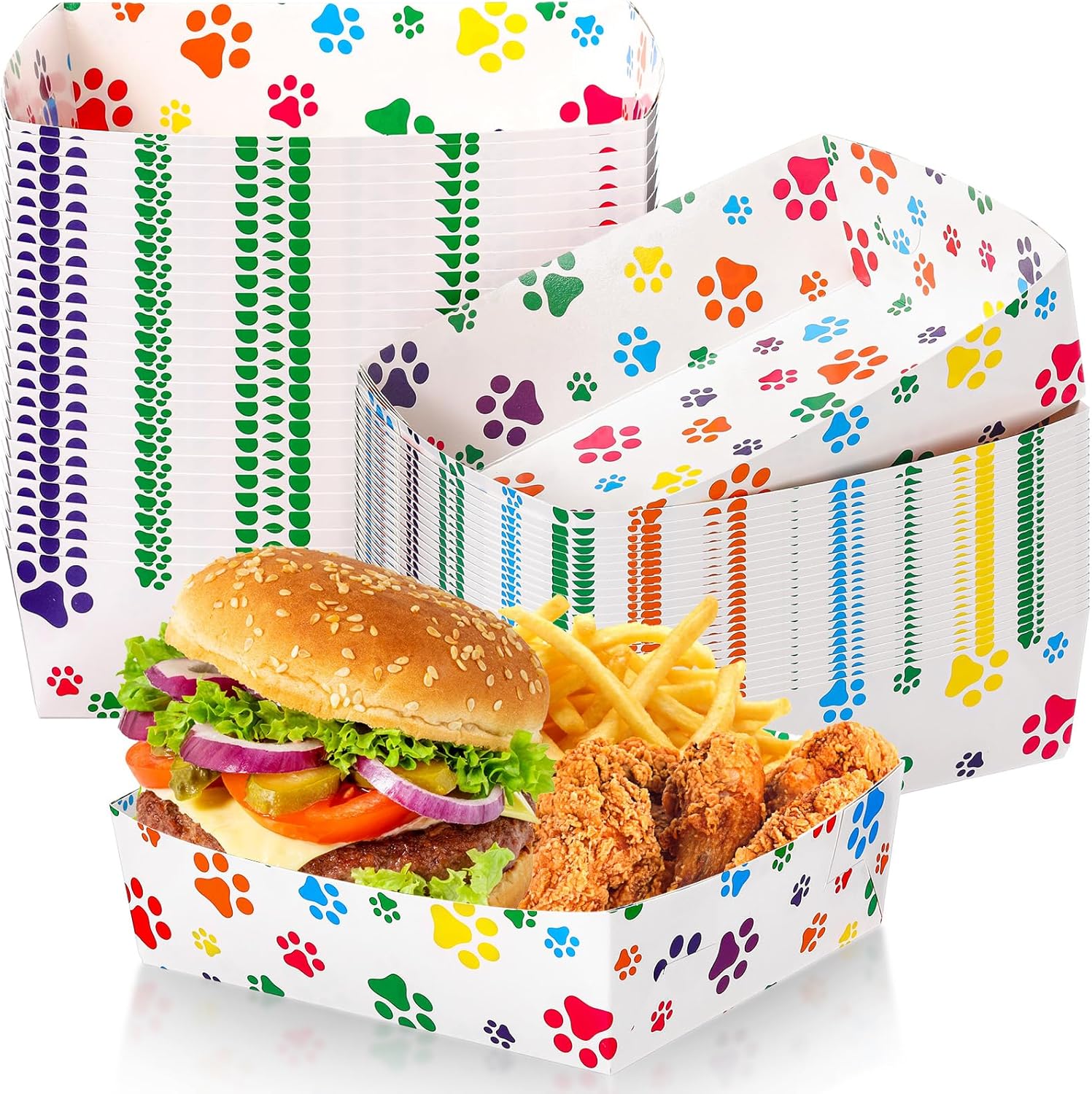 Mifoci 48 Pcs Dog Paw Party Paper Food Trays 5 lb Large Paper Food Boats Disposable Snack Trays for Burger Fries, Birthday, Puppy Theme Party Supplies (Bright Color,Fun Style)