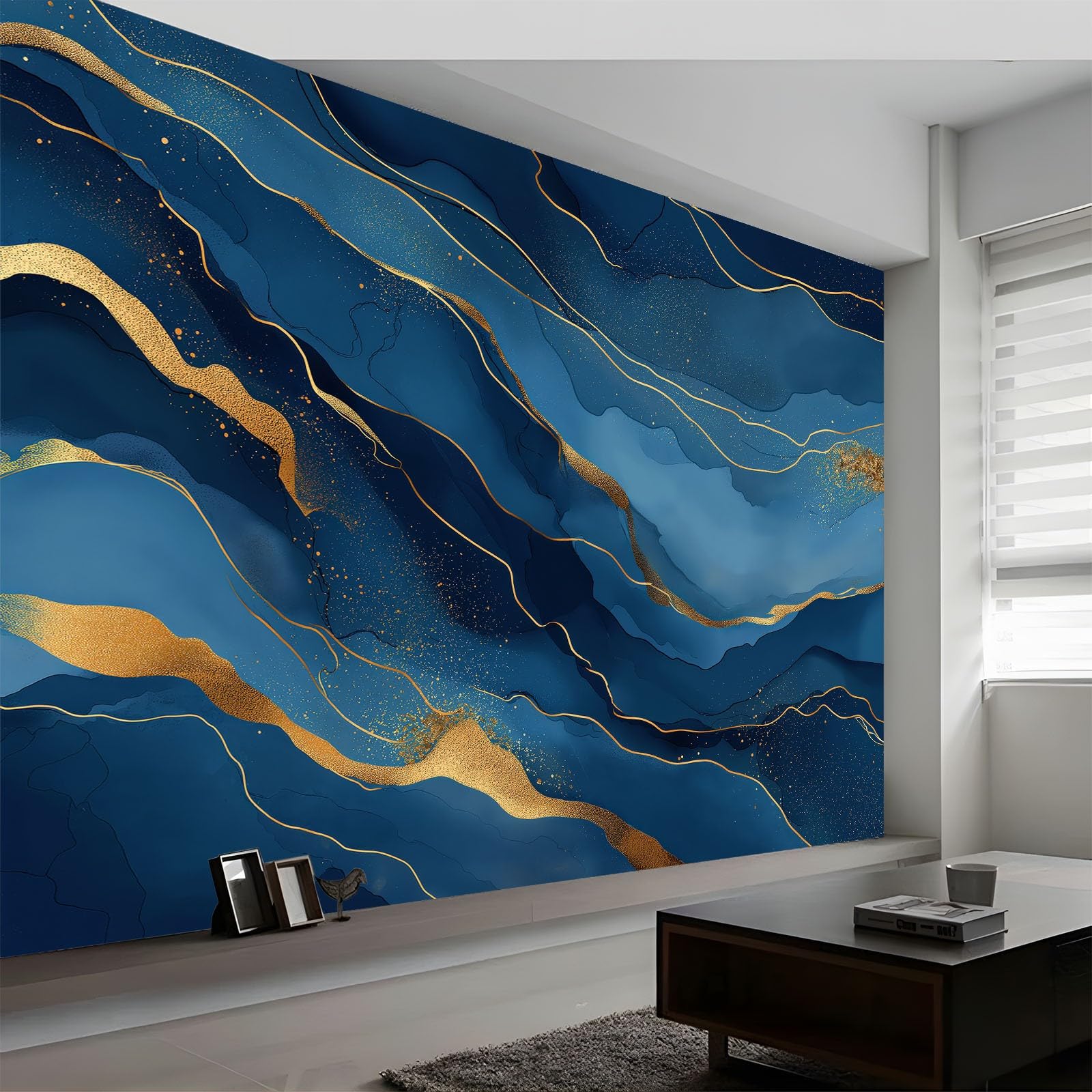3D Wallpaper Photo Luxury Navy Blue Marble Wall Mural 300 x 210 cm, Non-Woven Modern Art Print Wallpaper Bedroom Decoration Wall Covering Poster Picture Design