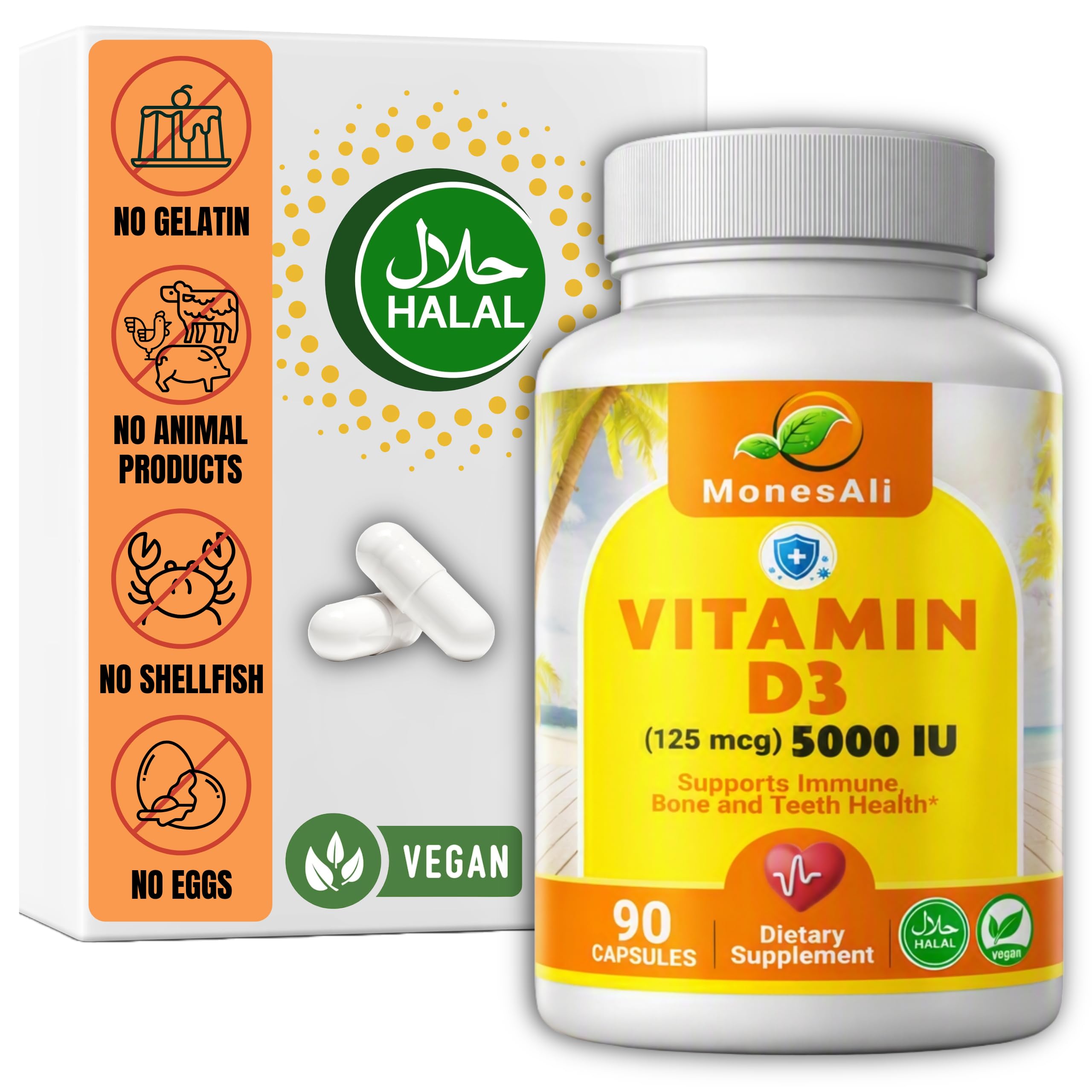 Halal Vitamin D, Vitamin D3, 5,000 IU Capsules, Supports Bone, Immune & Heart Health, Vegan, Non-GMO, Gluten Free and Halal (90 Count)