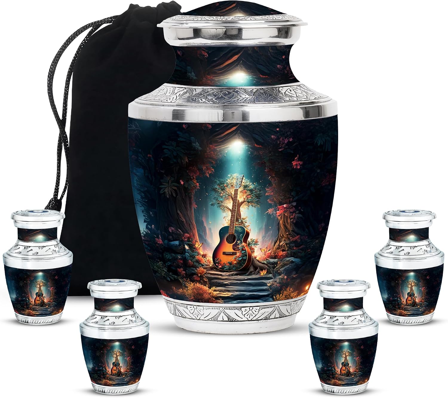 Guitar Cremation Urns for Women & Men – Combo of 4 with Large 10 Inch Funeral Memorial Fairy House Urn for Adult Male & Female 3 Inch Mini