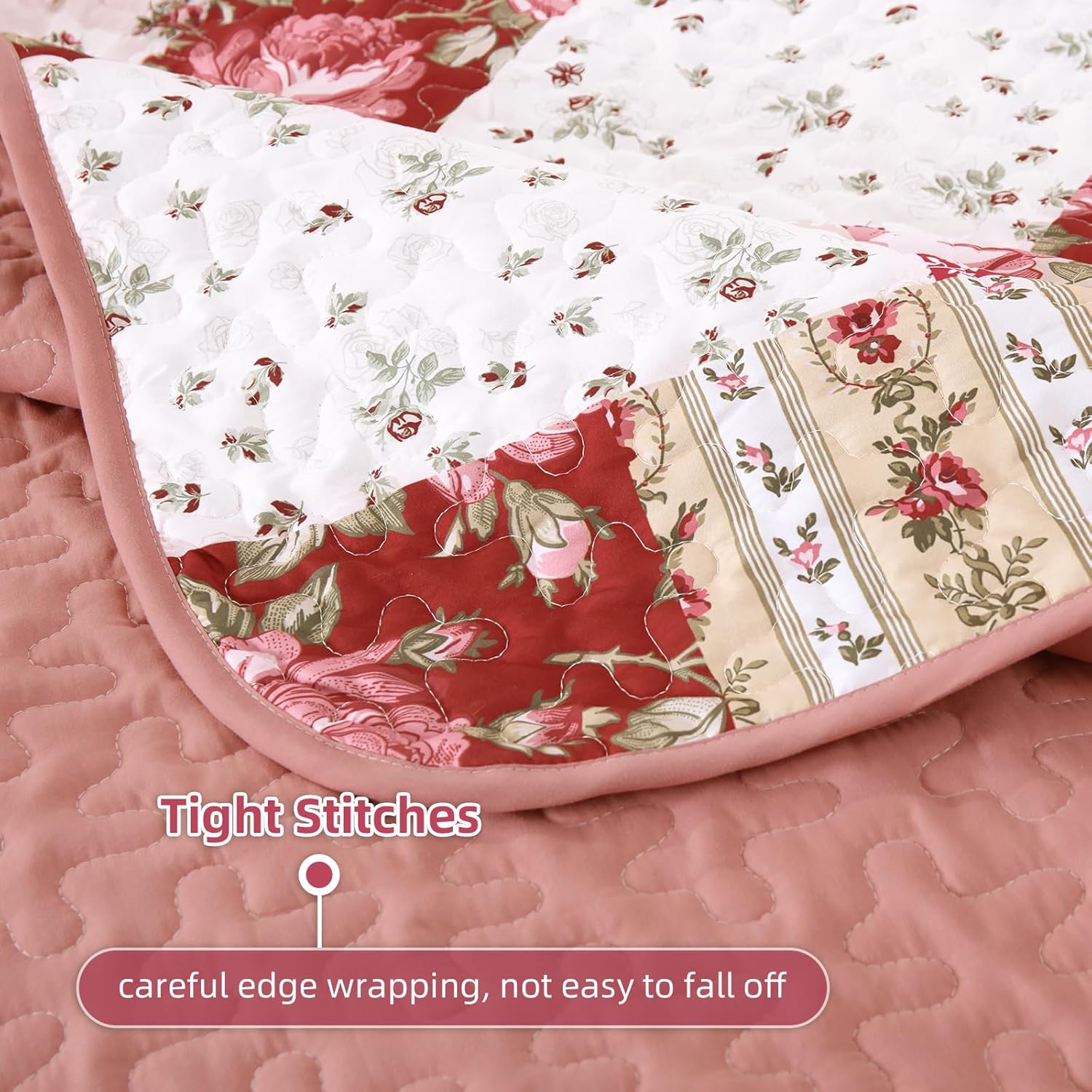 Anibedding 3Pieces Patchwork Quilts Queen Size, Bohemian Red Flower Plaid Bedspreads with Double Pillowcases for All Season - Image 6