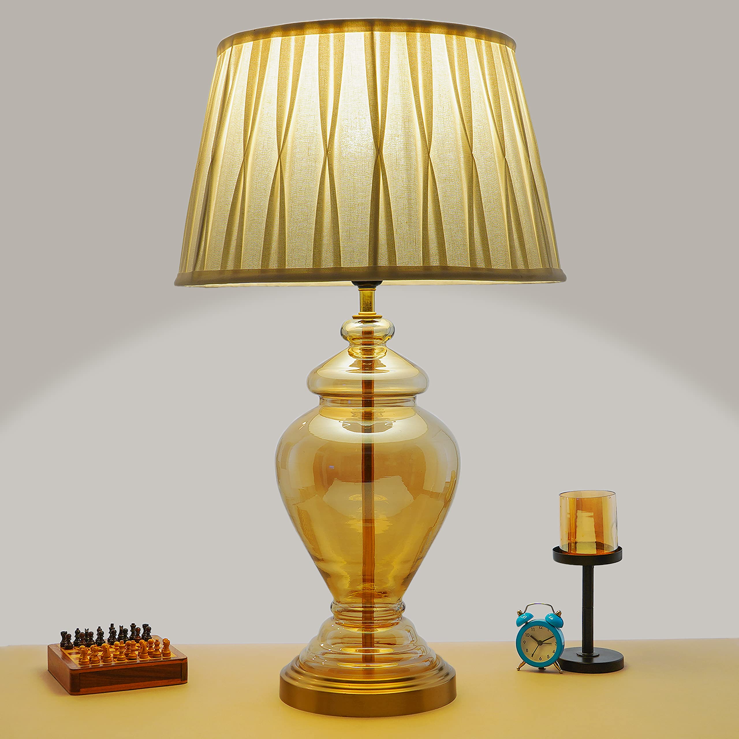KAPOOR E-ILLUMINATIONS Syracuse Amber Glass Table Lamp with White Cotton Shade (LED Bulb Included)