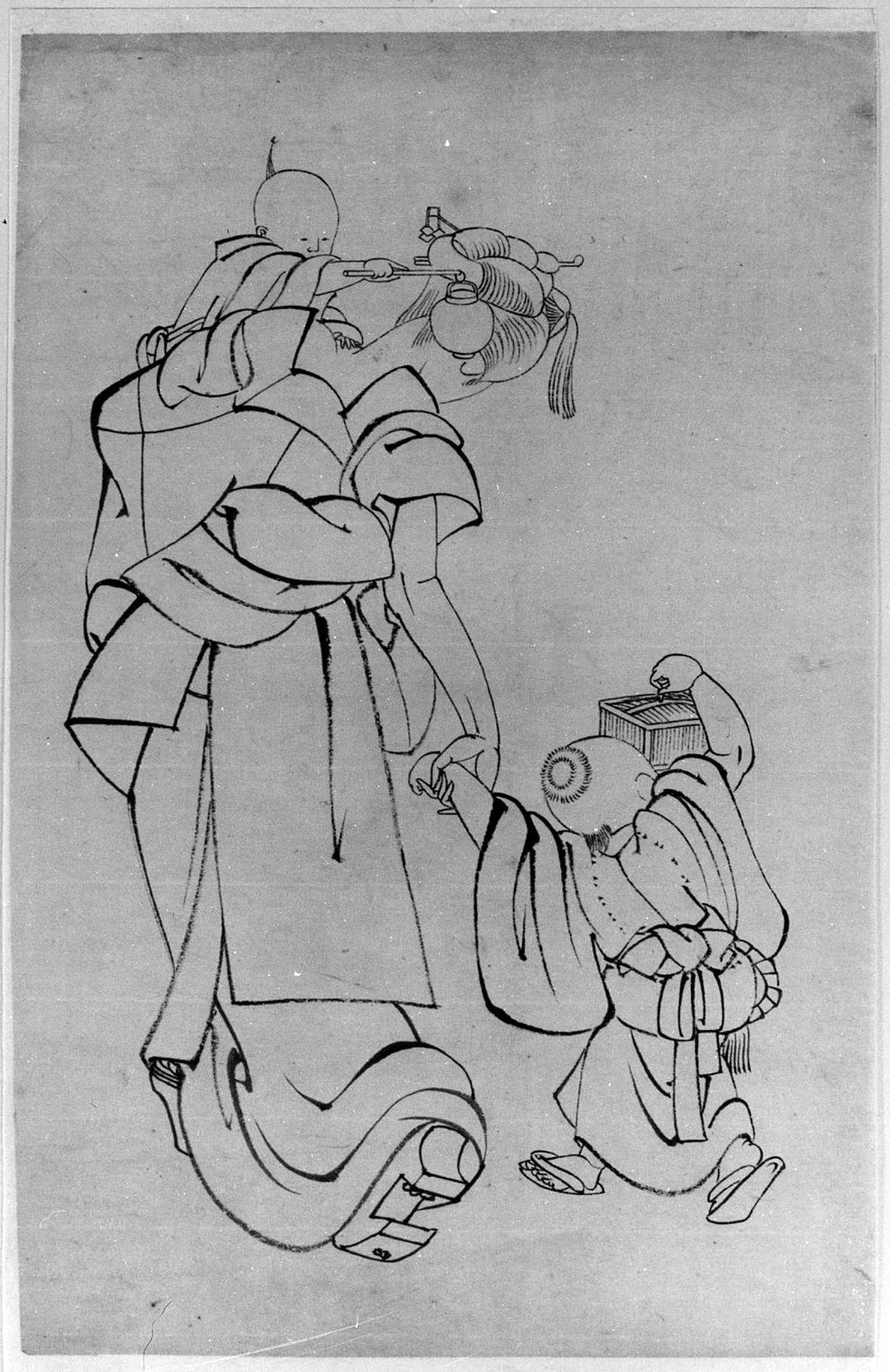 Grabado Hokusai Madre con Hijo pequeño enmarcado en negro de calidad galería