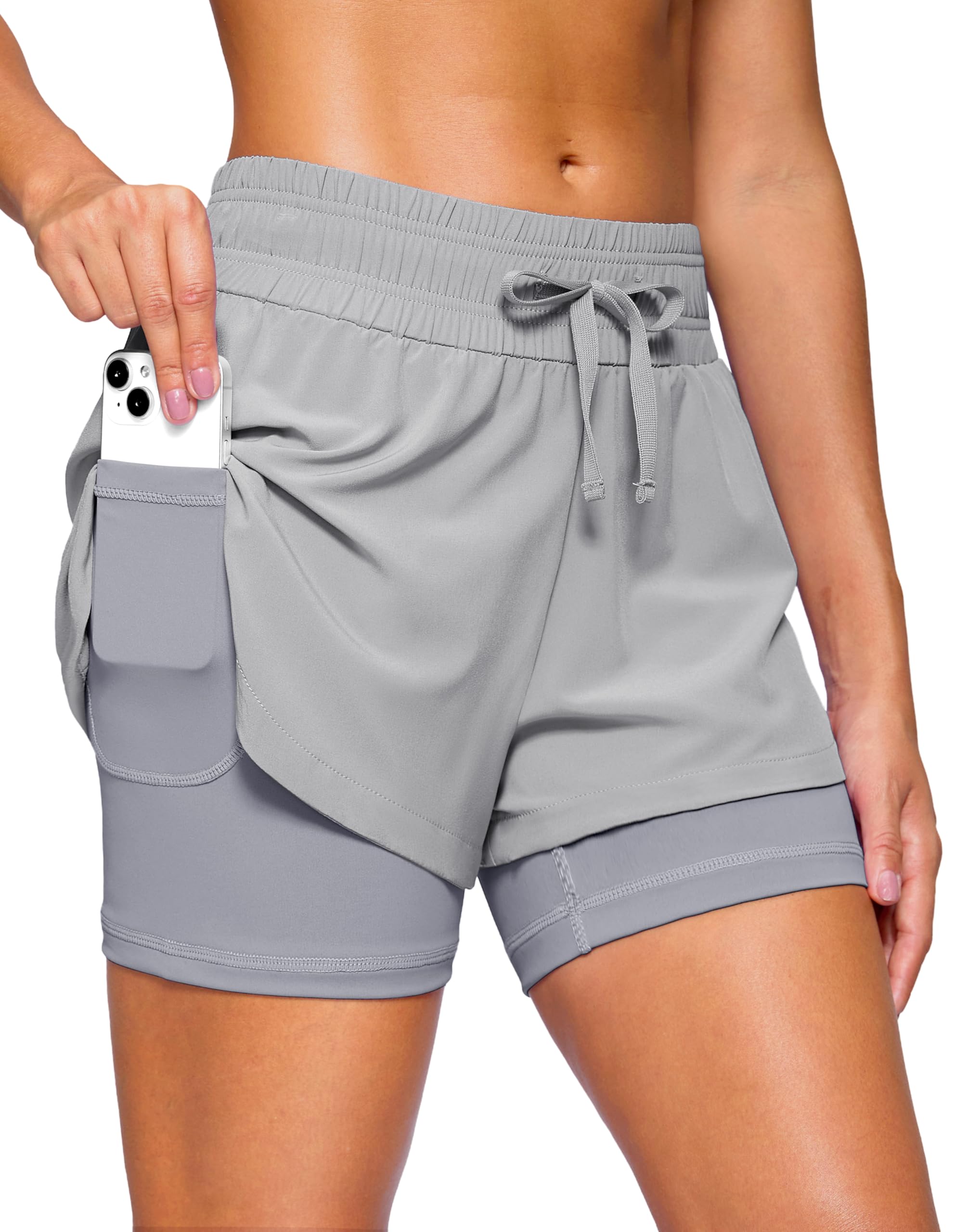 Soothfeel Women's 2 in 1 Running Shorts 5" Athletic Shorts High Waisted Workout Gym Tennis Exercise Shorts with Liner Pocket