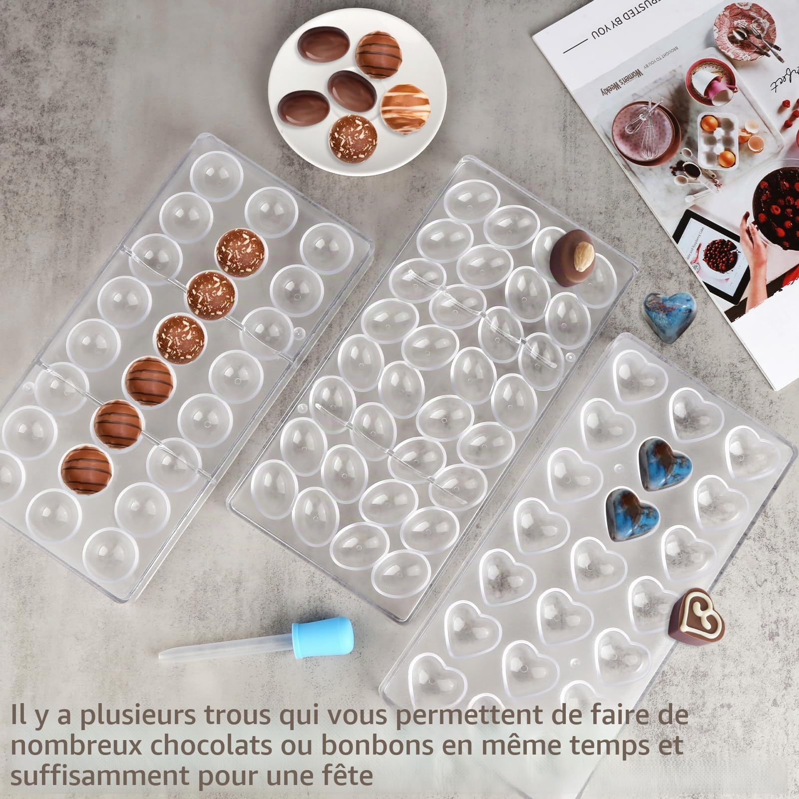 3 Pcs Moule à Chocolat en Polycarbonate Transparent Moule à Bonbons avec 2 Compte-gouttes Moules 3D pour Gelée Bonbons Glaçons