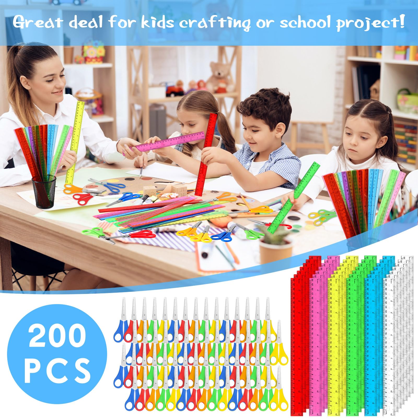 PerKoop 200 pezzi di forniture scolastiche con 100 forbici di sicurezza con punta smussata per studenti, 100 righelli in plastica da 30,5 cm, kit di forniture per il rientro a scuola per operazioni di