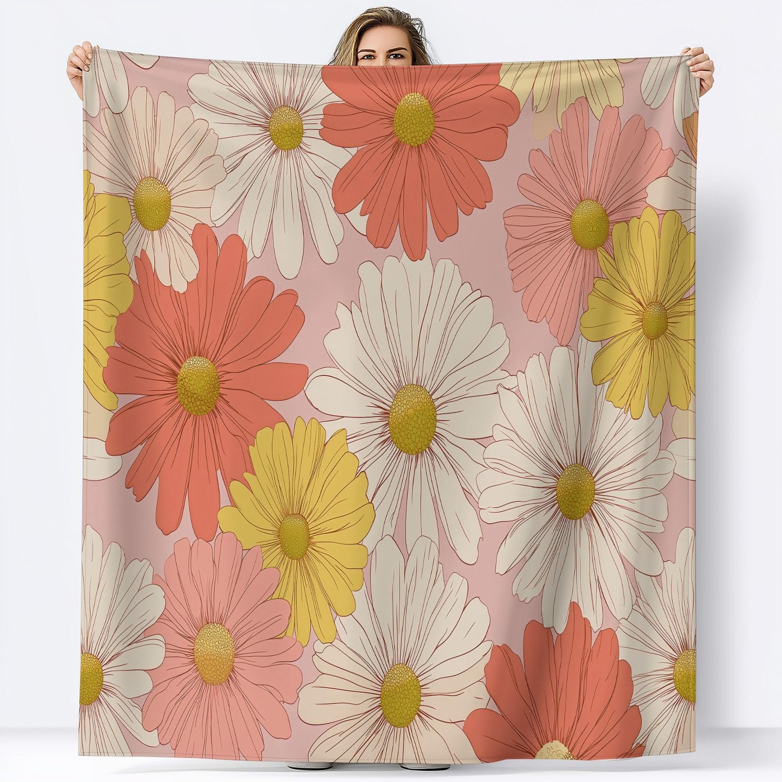 Generico Koc polarowy w kratę retro chryzantema 180 x 220 cm Super miękki zimowy ciepły koc w kratę, na sofę, narzuta na łóżko, na wszystkie pory roku, dla dorosłych dzieci
