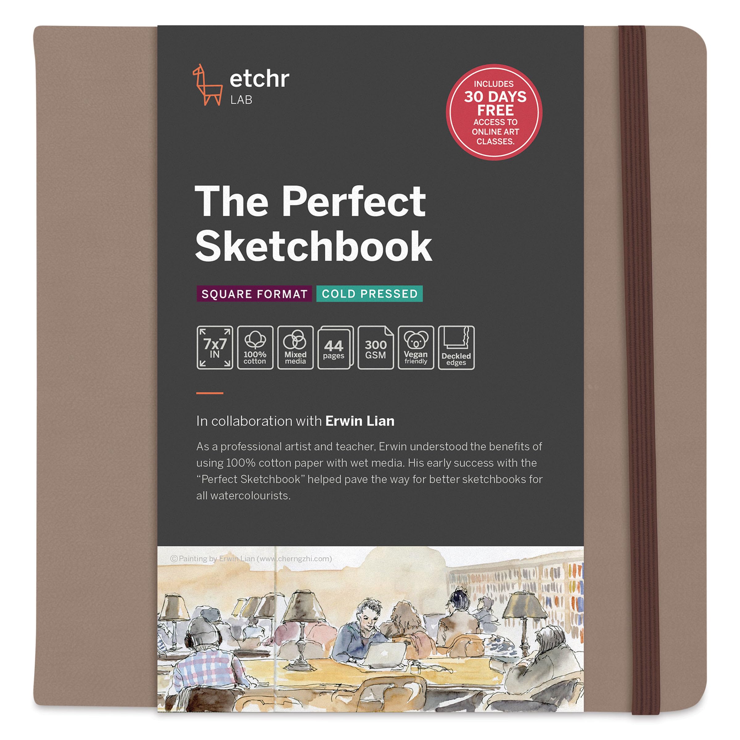 Etchr Latte Brown The Perfect Sketchbook Deckle Edition – Premium 300 Gsm 100% Cotton Cold-Press, Hand-Torn Deckled Edges, Lay-Flat Binding, Vegan Leather Cover (7 X 7 Inch Square)