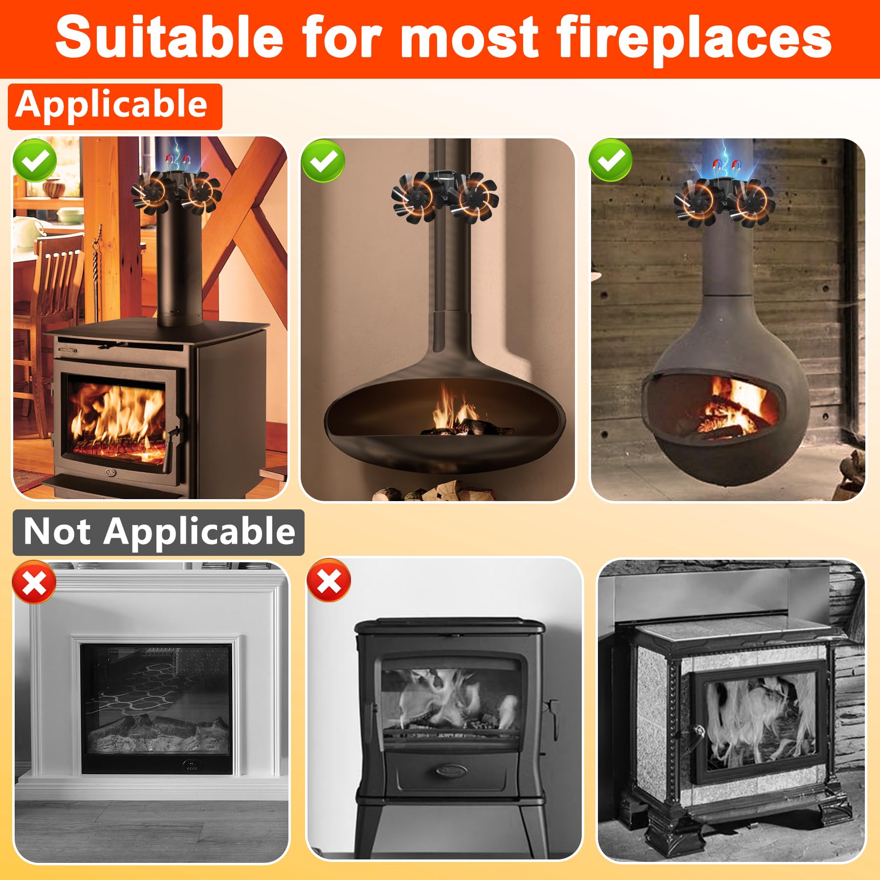 Tomersun Kaminventilator Magnetisch, Ofenventilator Ohne Strom mit 16 Blättern, Leiser Kamin Ventilator Kaminlüfter für Holz/Brennholz/Feuerstelle/Ofenrohr Mit Thermometer und 1pcs Ersatzteil Ring