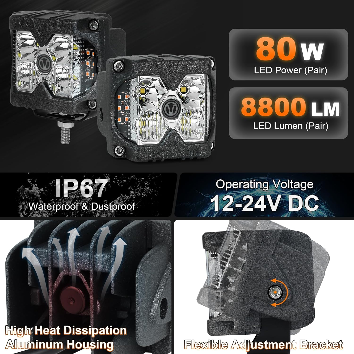 4-inch LED Side Shooter Pods, 4400LM Waterproof Off-Road Driving Lights with Amber Solid & Strobe Side Light Rugged Cube Lights for Truck Jeep Plow Tractor SUV ATV UTV