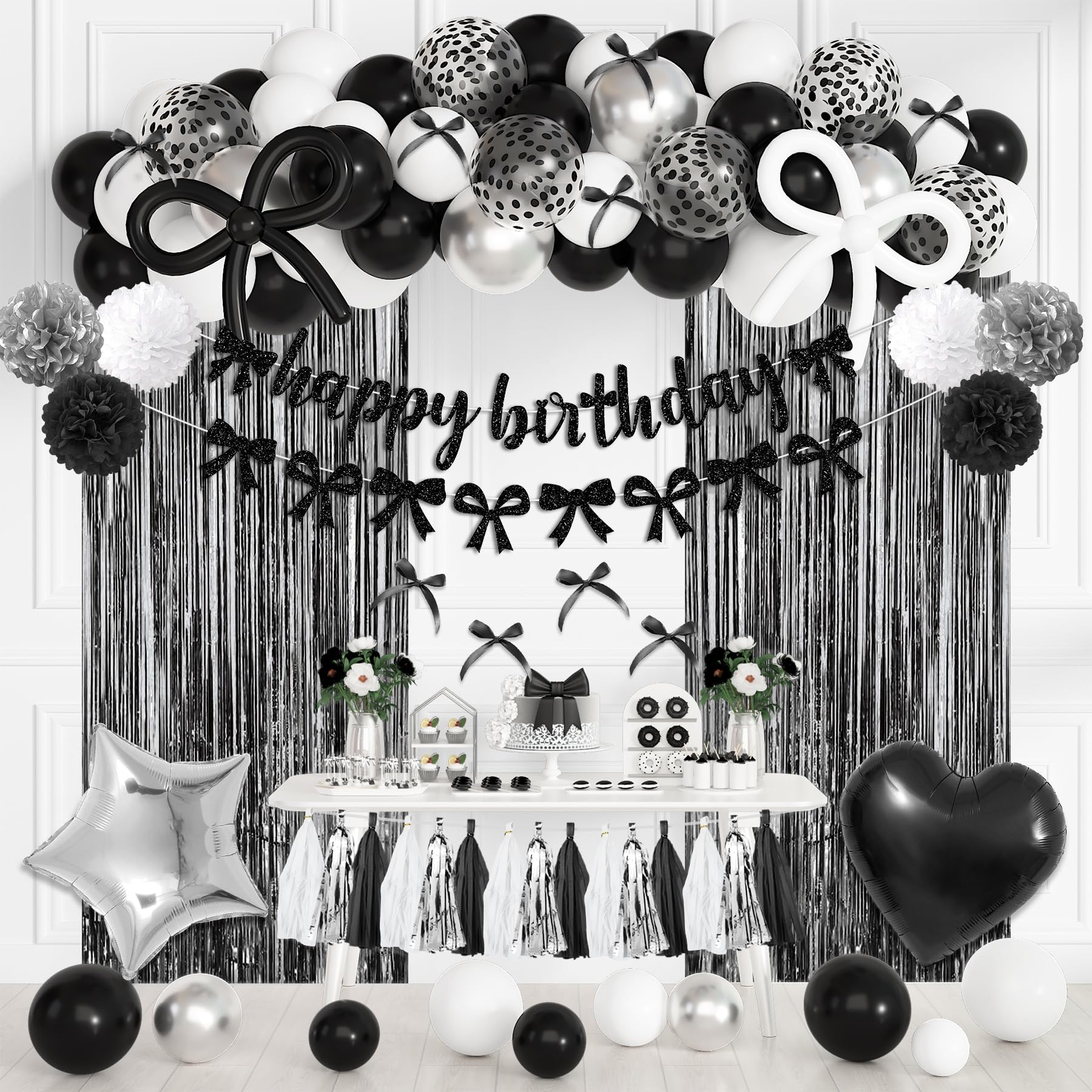 Black Bow Birthday Party Decorations, Coquette Bow Black and White Silver Confetti Long Balloons Happy Birthday Banner Fringe Curtain Tassel Pompoms