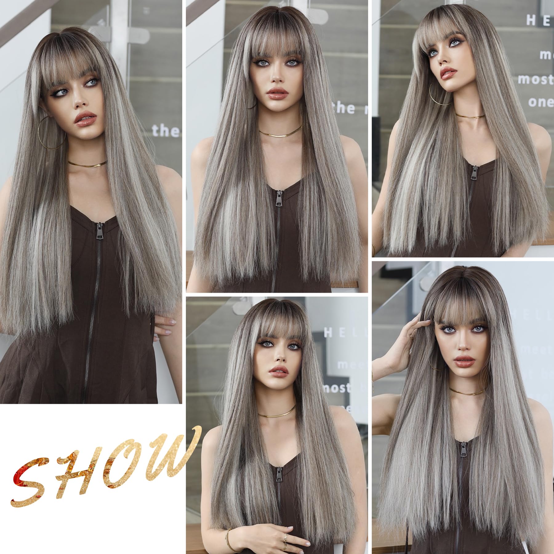 Amazon.com : 7JHH WIGS 26Inch Long Straight Wig with Bangs  display picture 2