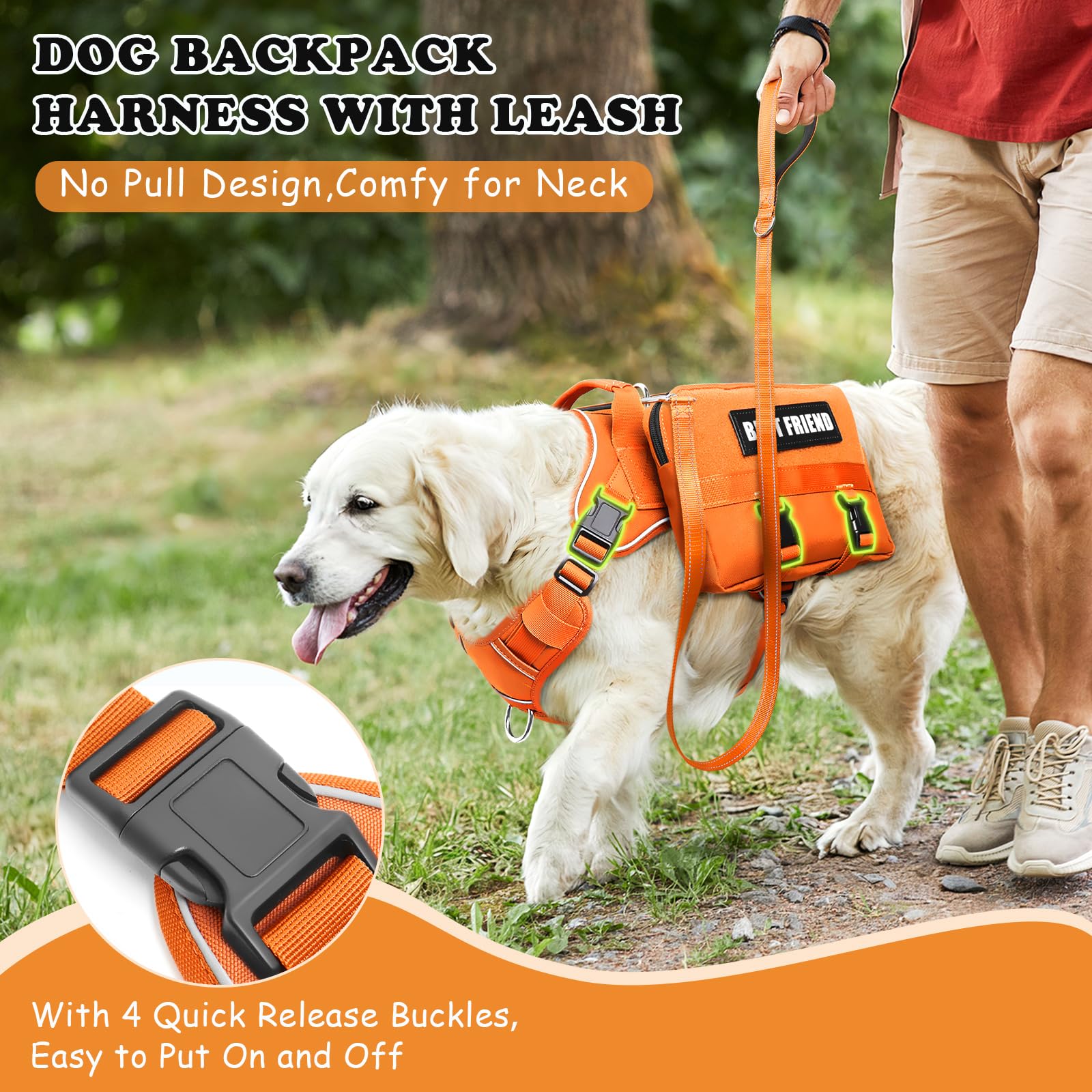 Set di imbracatura e guinzaglio per cani di taglia media, tasche laterali rimovibili, gilet per cani con manico e clip in metallo senza tirare, per escursionismo, allenamento, passeggiate e
