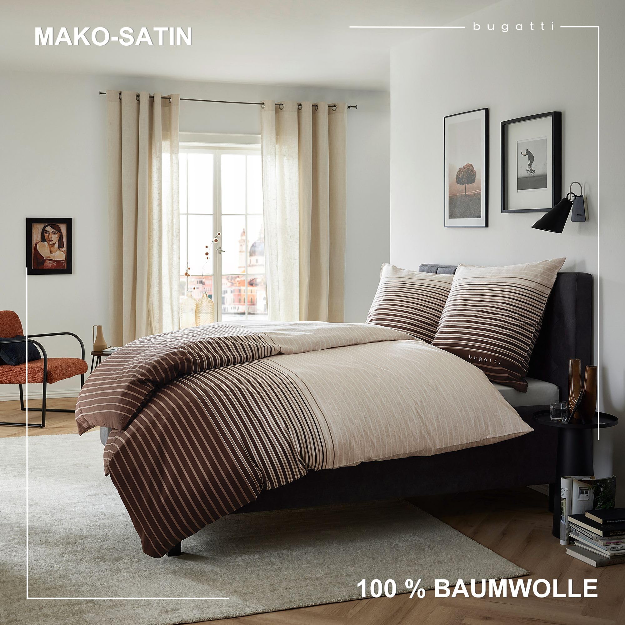 bugatti Bettwäsche 135x200 cm - 100% Baumwolle, Reißverschluss, anschmiegsam, weich & waschbar, Satinbettwäsche braun gestreift