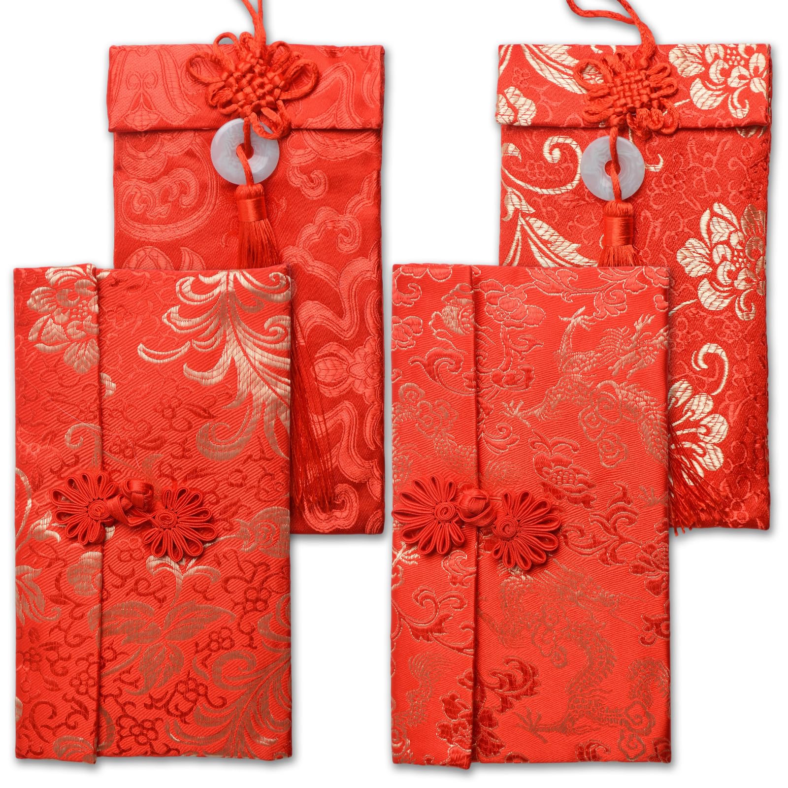 4 Pcs Red Envelopes Chinese New Year, Chinese Red Envelopes Pocket, 4 Styles Silk Pocket New Year Invitation Envelop, Gift Wrap Bags for Spring Festival, Wedding
