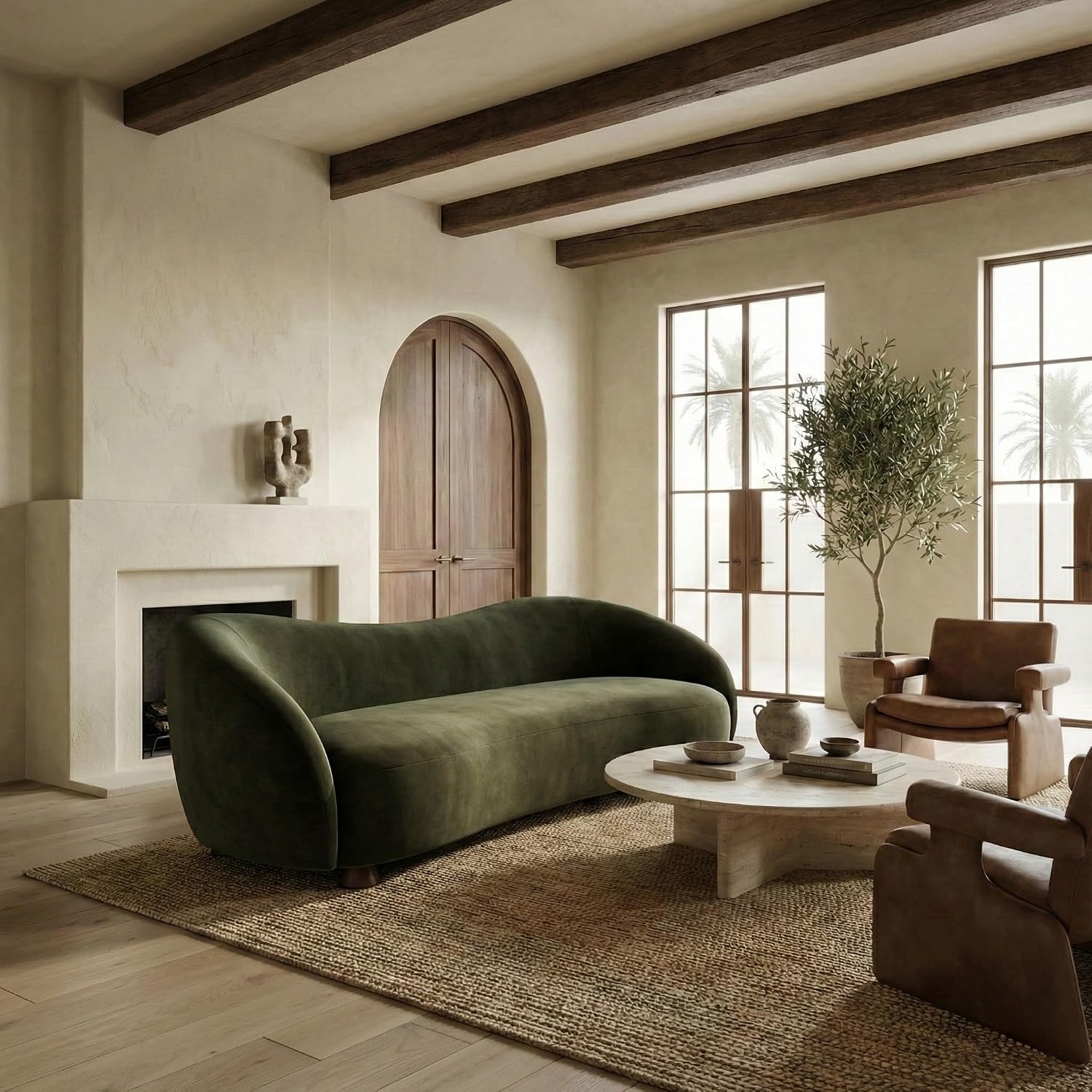 SAFAVIEH Couture - Jocelyne Sofa - Modern Curved Design - Dark Green Velvet & Walnut - Ideal for Living Room, Family Room, 85" W x 36.8" D x 30" H (SFV7519B)