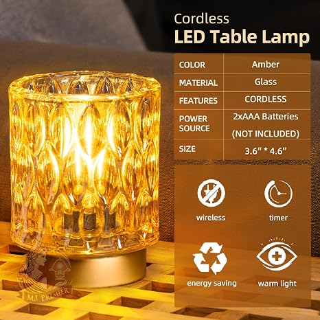 MJ PREMIER Battery Operated Table Lamps Timer, Mini Crystal Lamp for Area No Plug, Cordless Lamp with LED Bulb for Power Outage, Decorative Lamps for Tabletop/Corner/Entryway/Stairway/Bathroom/Fireplace(2*AMBER)