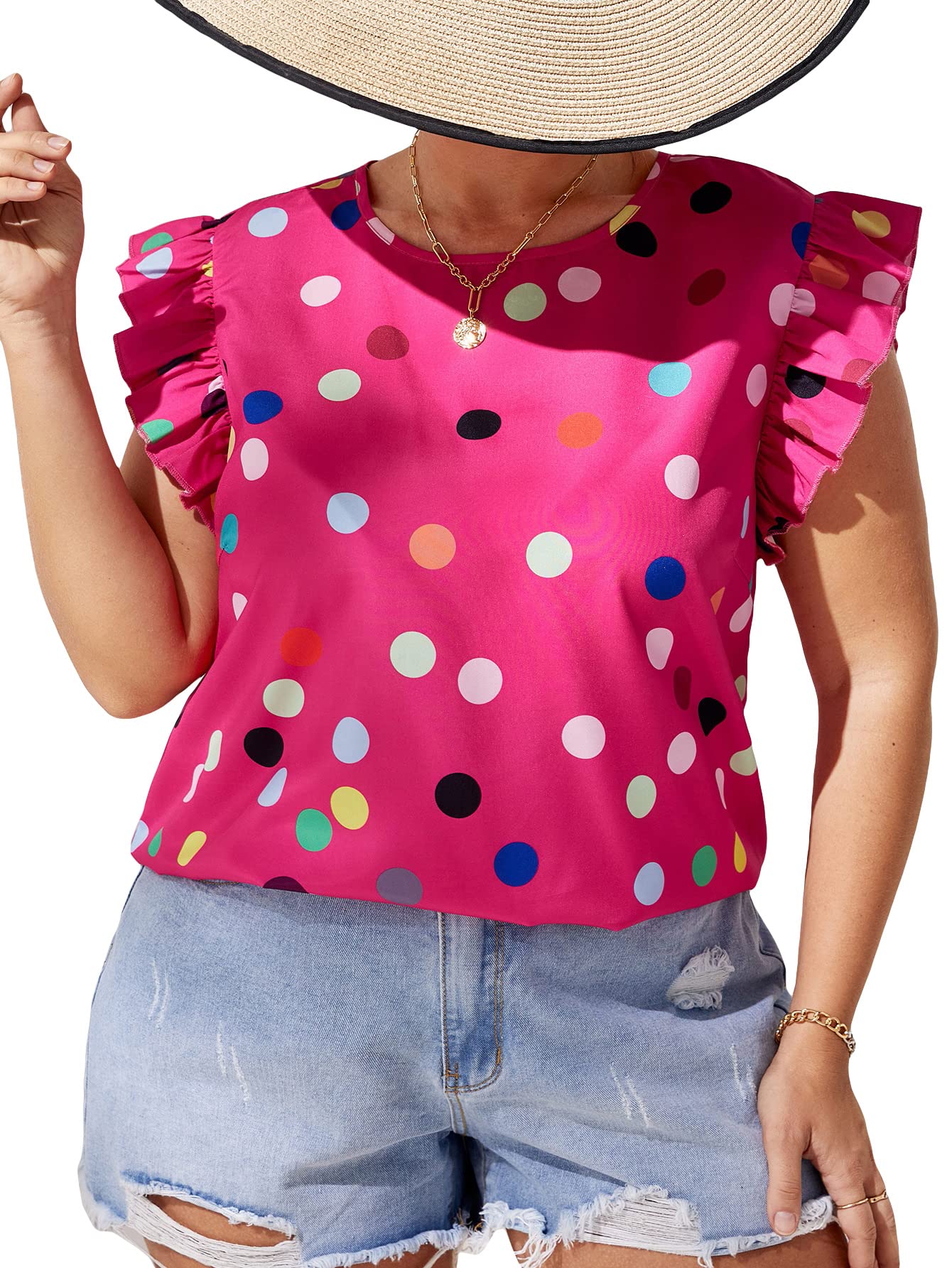 GORGLITTERWomen's Plus Size Polka Dots Print Crew Neck Ruffle Trim Blouse Top