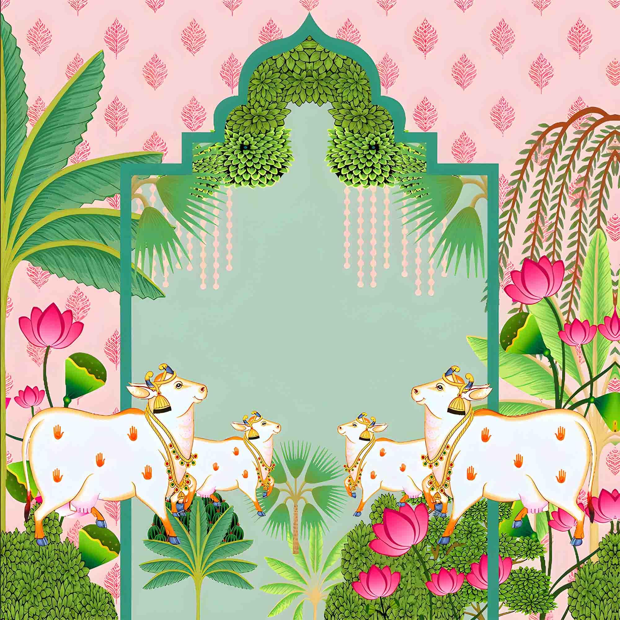 GRAC Pichwai Mural Cow Art Printed (8ft-8ft) Backdrop Cloth for Pooja Decoration Traditional Background Curtain Cloth for Festival.(Washable Fabrik)-image-22