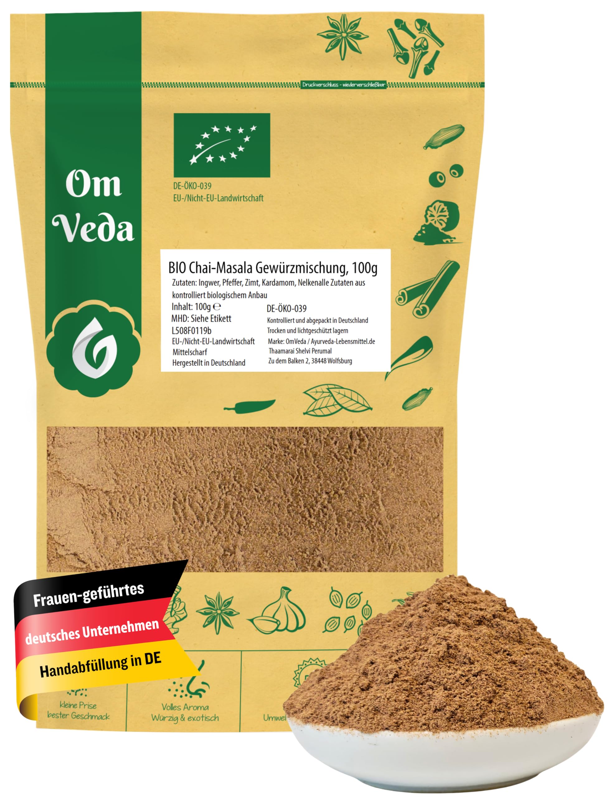 BIO Chai-Masala Gewürzmischung 100g | Premium Bio Tee Gewürz für Latte, Milchtee, Eistee | Koffeinfrei, vegan, glutenfrei, ohne Zusatzstoffe | Tee selber machen mit Gewürzen | OmVeda Gewürze