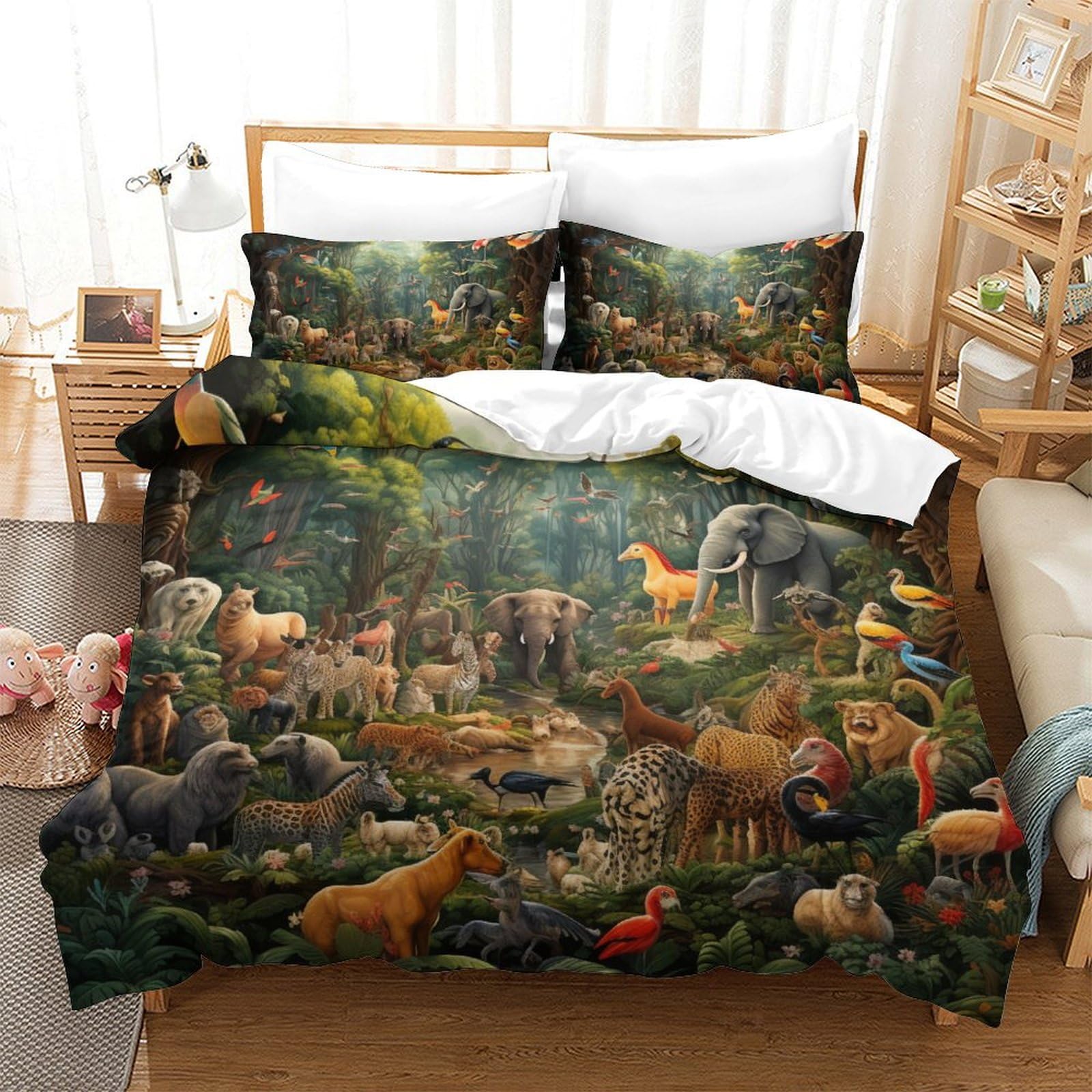 Housse de couette animaux de la jungle 3D parure de lit 3 pièces king 220x240cm