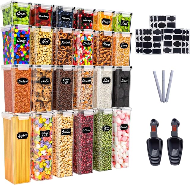Caramont 24 Pieces Food Storage Container Set, Kitchen & Pantry Organization, BPA-Free, Plastic Canisters with Durable Lids Ideal for Cereal, Flour , Sugar -72 Labels, 3 Marker,8 Spoons included