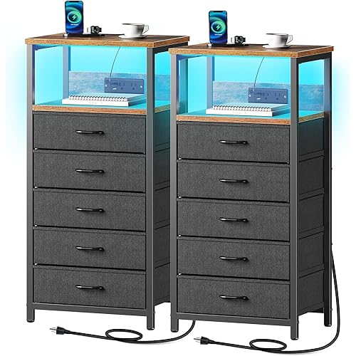 Seventable Night Stand with Charging Station, Tall Nightstand with 5 Fabric Storage Drawers, Side Table with LED Light for Bedroom, Entryway, Rustic Brown, Set of 2