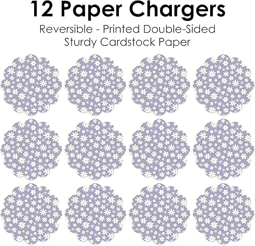 Miniatura 5 de Big Dot of Happiness Flores de margaritas moradas  Decoración de mesa redonda floral para fiesta  Cargadores de papel  Ajuste de lugar para 12