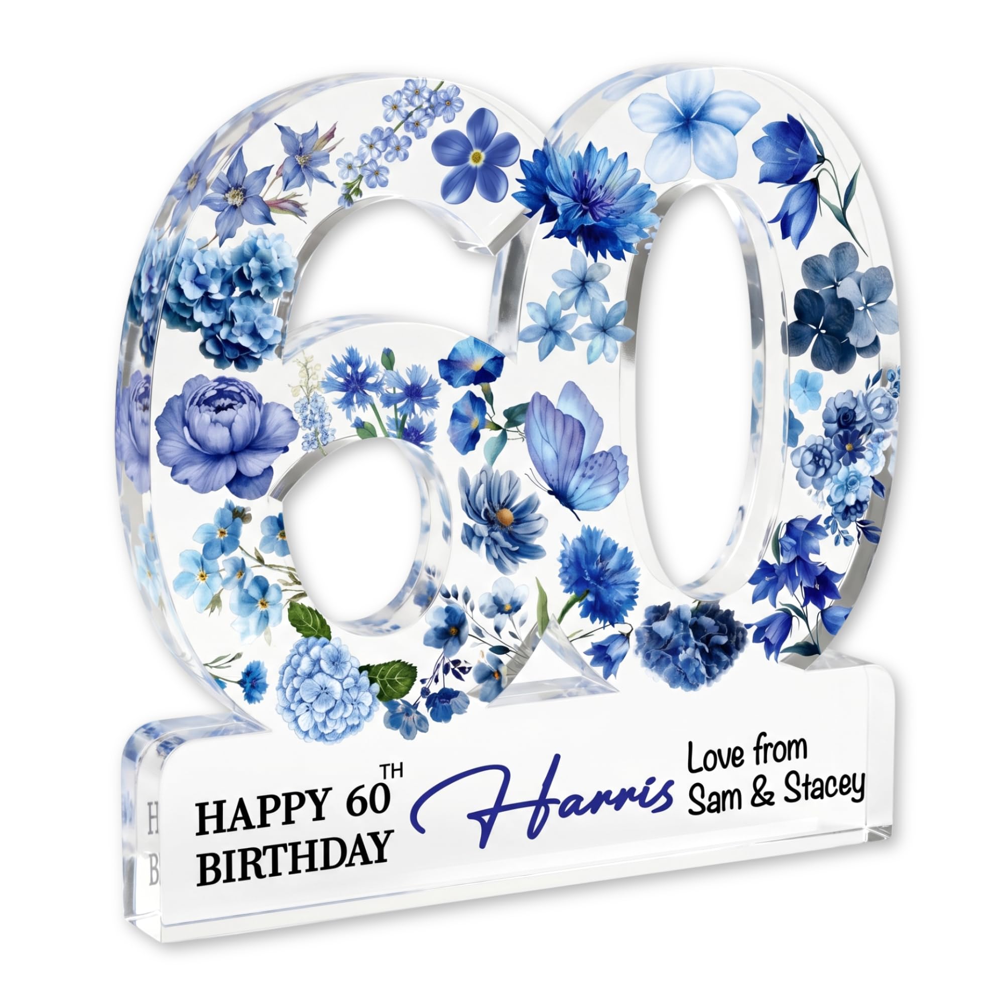 MyKeepsy Personalised 60th Birthday Plaque – Custom Name & Message Acrylic Keepsake, Floral 60 Decoration Gift for Women & Men, Available in 6 Colours (Blue Floral)