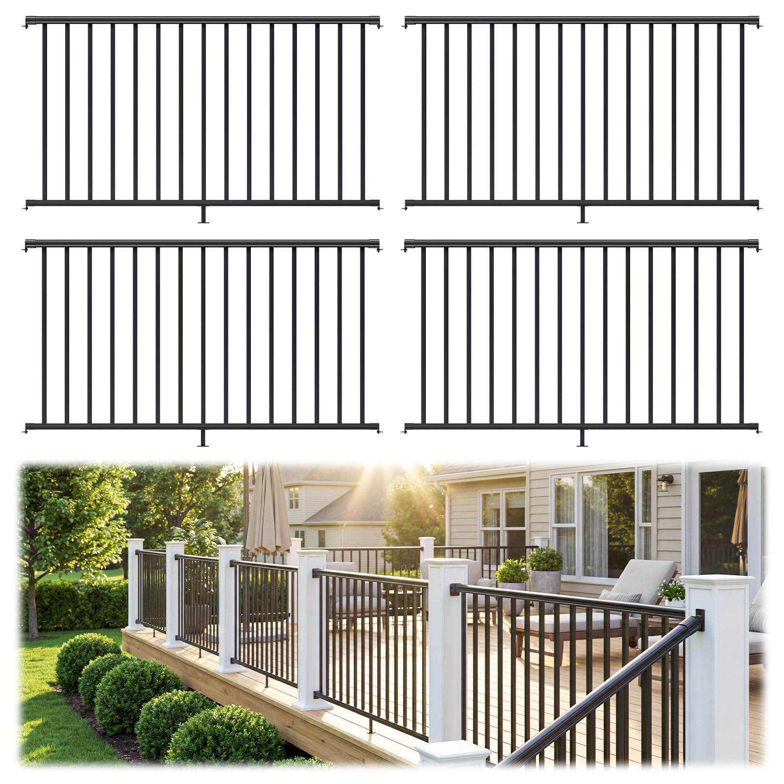 Photo 1 of Egadis 4 Pack 36 in. H x 6 ft. W Porch and Deck Railing Kit Without Post, Black Textured AAMA 2604 Powder-Coat Finish Modular Aluminum Rail System for Outdoor Decks, Porches & Balconies (4 Panel)