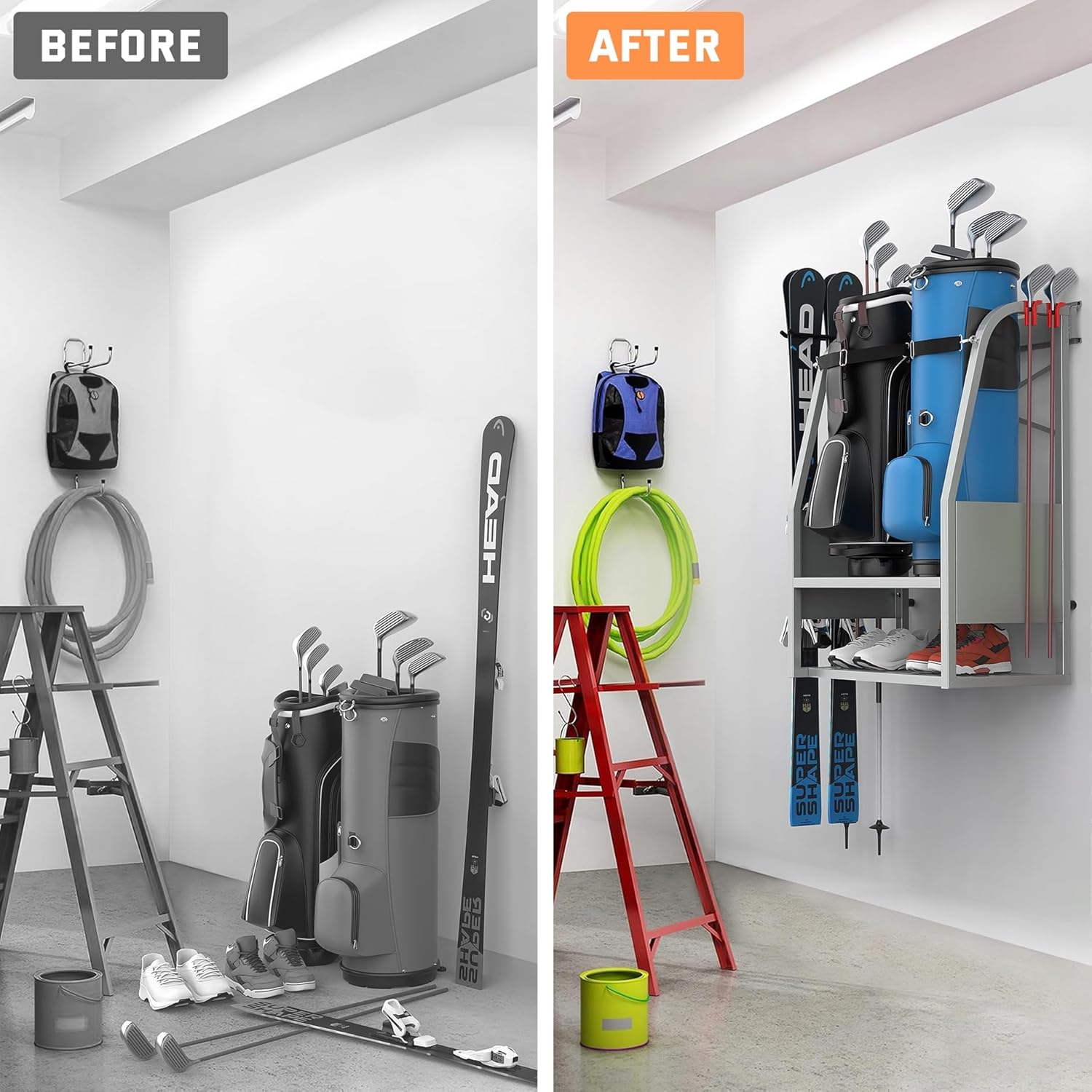 WALMANN Wall Mount Golf Bag Organizer, 2 Golf Bags Stand Golfing Equipment and Accessories Storage Rack for Garage Shed Basement