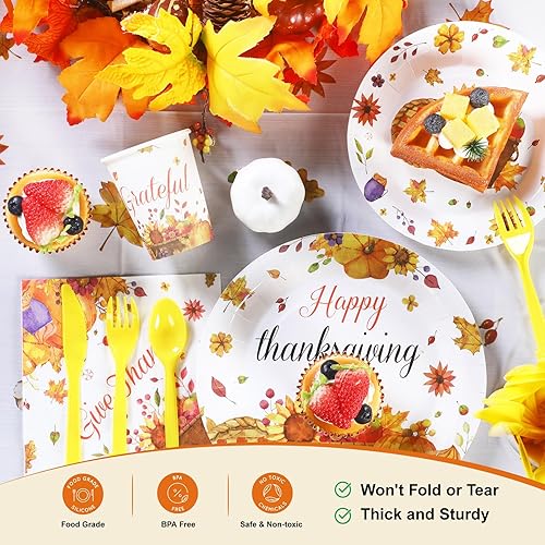 Miniatura 4 de Suministros para fiesta de Acción de Gracias sirven 24, incluye mantel de Acción de Gracias, banderines de papel de otoño, servilletas de calabaza y