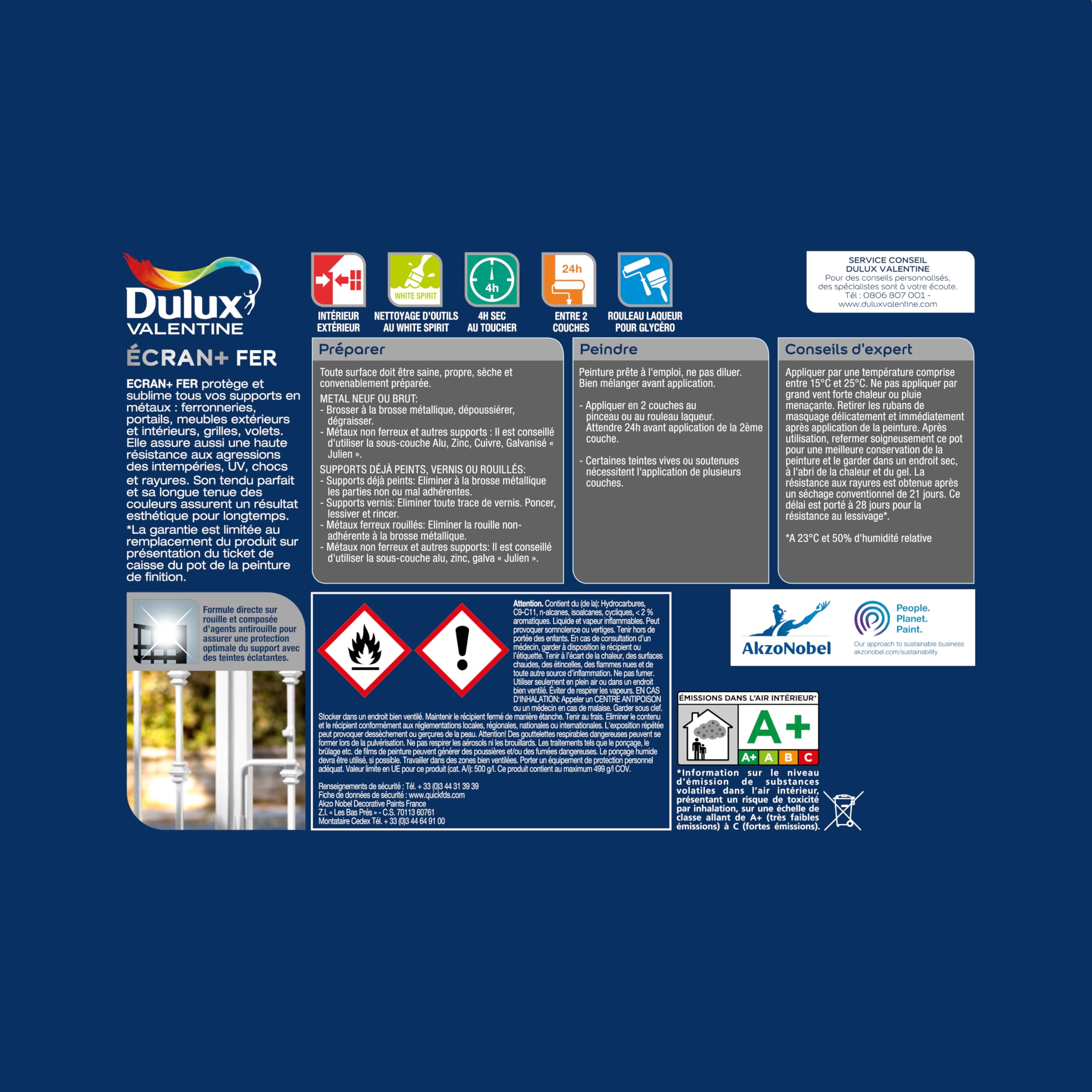 Dulux Valentine Peinture Ecran+ Fer Intérieur/Extérieur - Haute résistance aux intempéries, aux UV, chocs et rayures - Gris Anthracite 2 L + 20% gratuit
