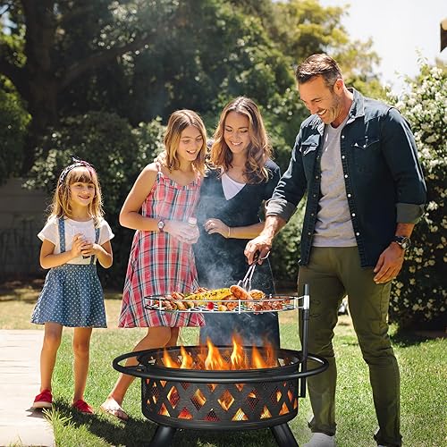 Miniatura 2 de Amopatio Fogata de 36 pulgadas con parrilla, hoguera grande 2 en 1 para exteriores, fogata de leña con rejilla de cocción para patio trasero,