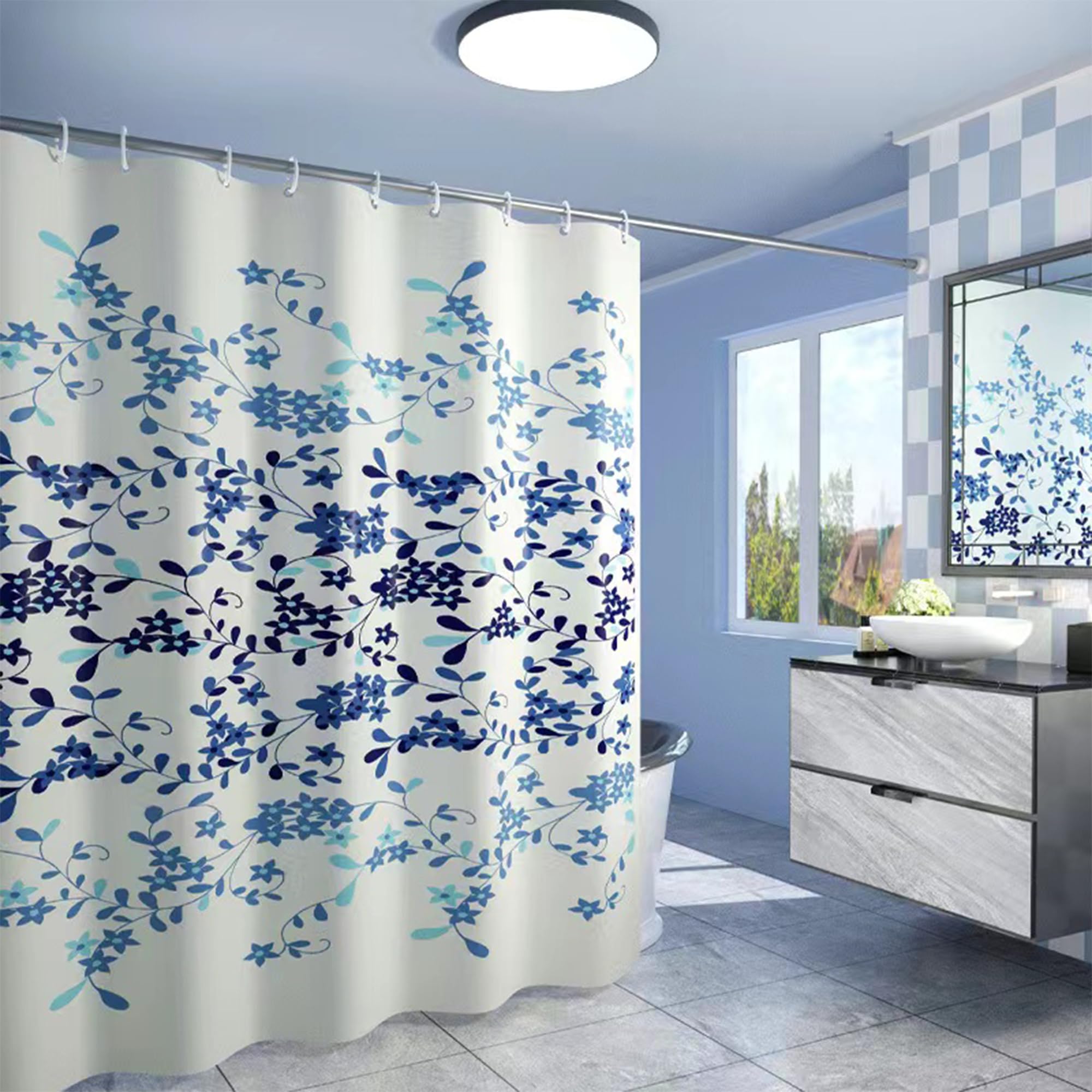 MAMATOONS Heavy Duty Thick Fabric Waterproof Shower Curtain with Hooks, Beautiful Blue Floral Design Shower Curtain for Bathroom Laundry Room, Size 72"X72"