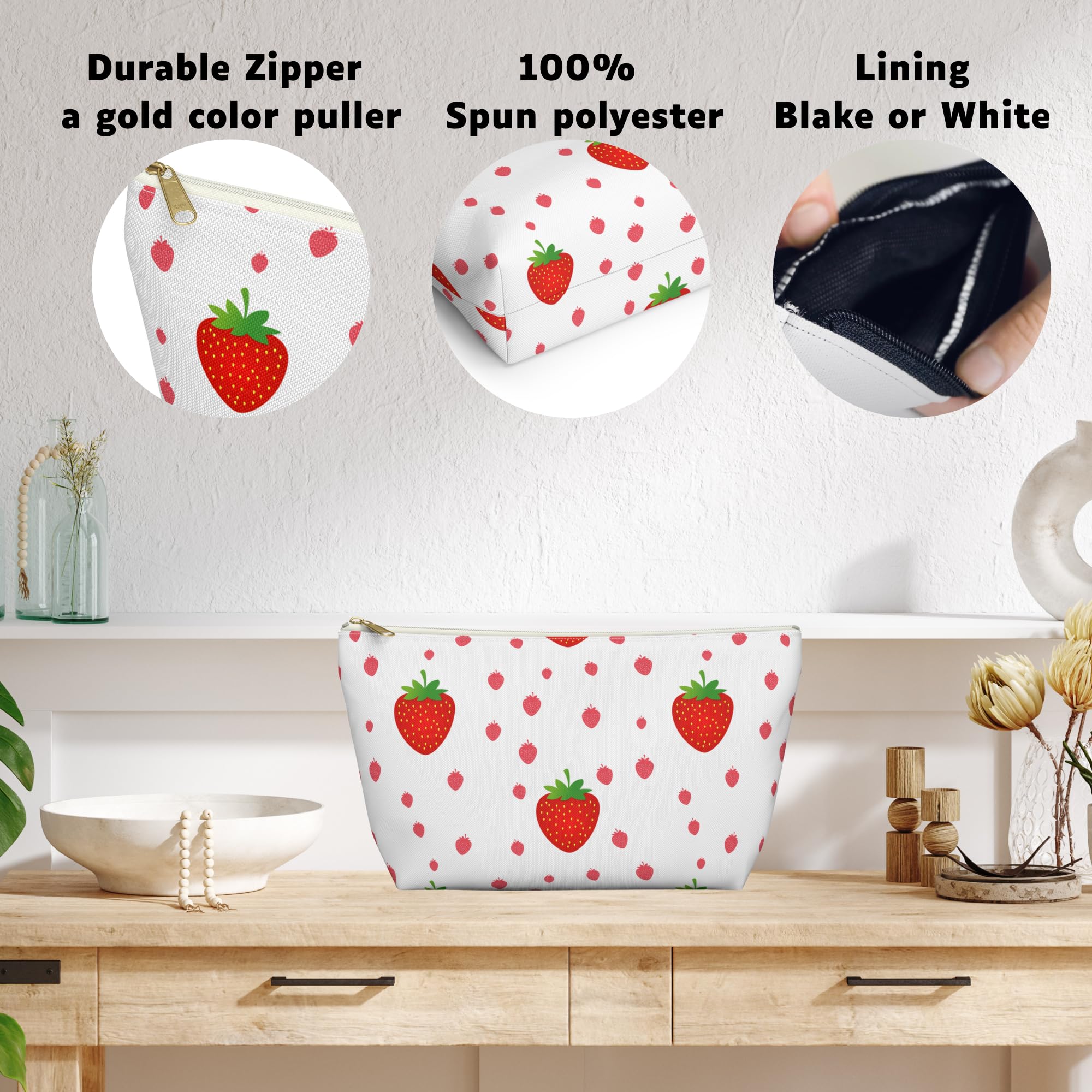 Makeup pouch,Accessory Pouch – Large Cosmetic Bag with Zipper – Travel Makeup Bag for Women – Minimalist Toiletry Organizer – Black & White Pencil Case (Strawberry, Small)