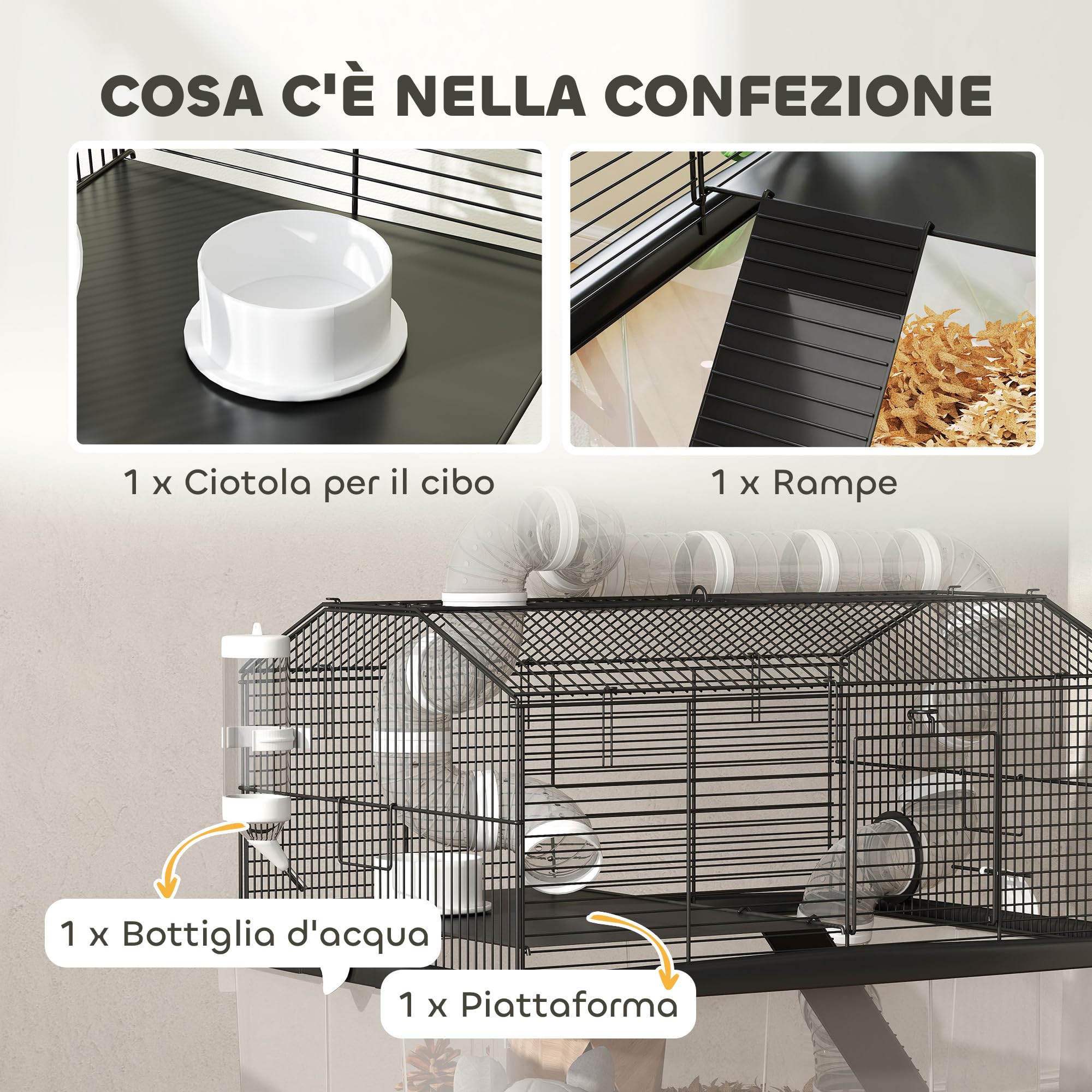 PawHut Gabbia per Criceti a 2 Livelli Base Profonda 31 cm 58x43x57 cm Nero | Casetta per Gerbilli, Ruote, Tubi, Ciotola, Bottiglia, Rampa