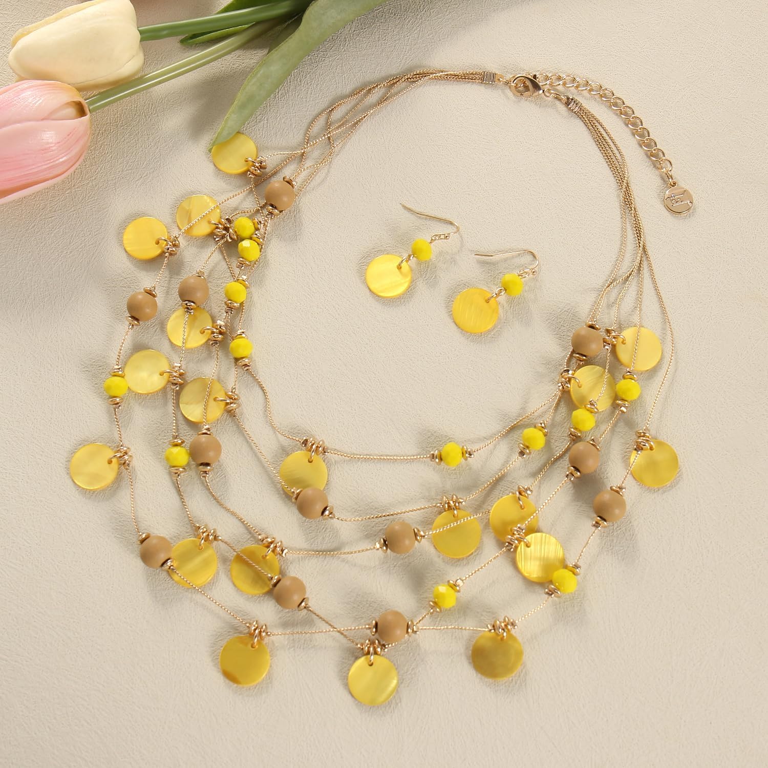 Firstmeet Handmade Multi-Layer Round Shell Wooden Beads Necklace with Earrings