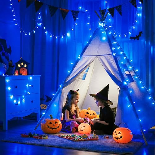 Miniatura 2 de JMEXSUSS 600 luces LED azules de Halloween impermeables al aire libre, 8 modos, cadena de luces de Navidad, luces azules de árbol de Halloween,