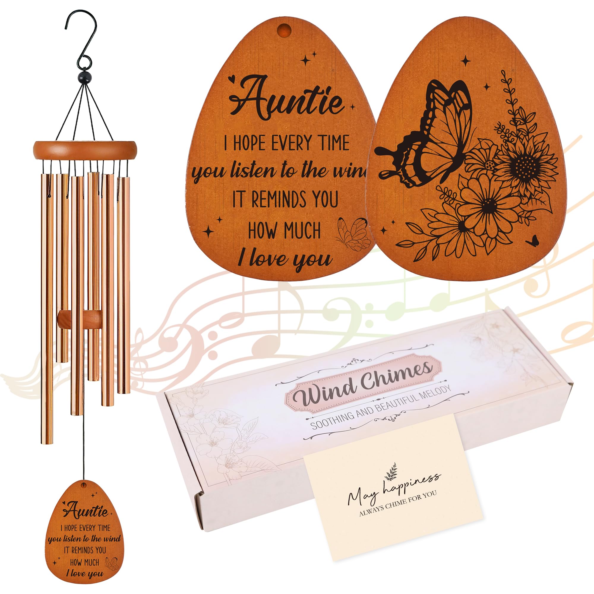 Auntie Gifts Wind Chimes with “Best Wishes” Message, Emotional Gifts for Auntie Mothers Day, Love Reminder for Birthday, Thanksgiving, Christmas, Outdoor Decor
