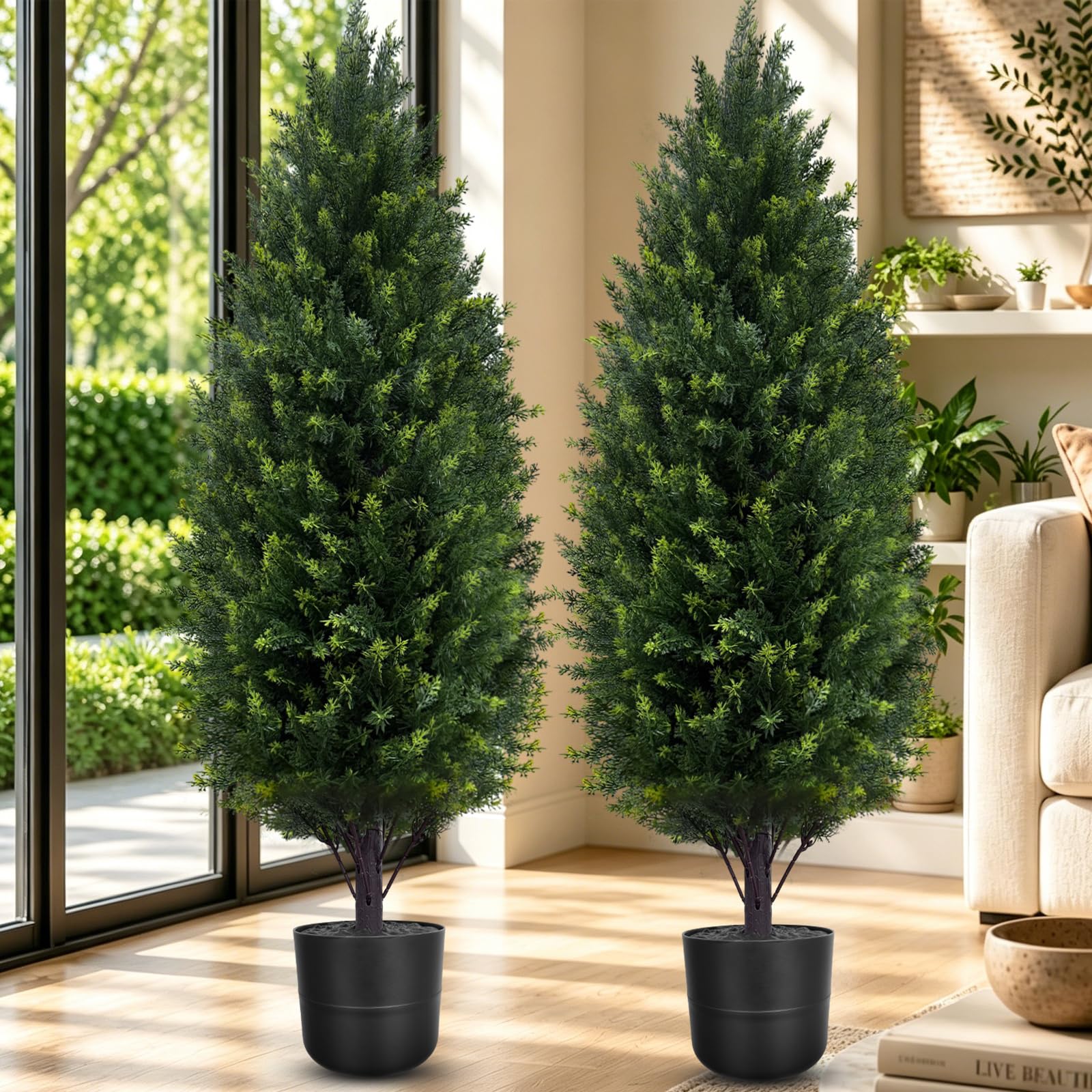 Árboles topiarios artificiales de cedro para exteriores, planta de ciprés falsos de pino de 2.3 pies, juego de 2 plantas de ciprés sintético en maceta con clasificación UV para el hogar, puerta