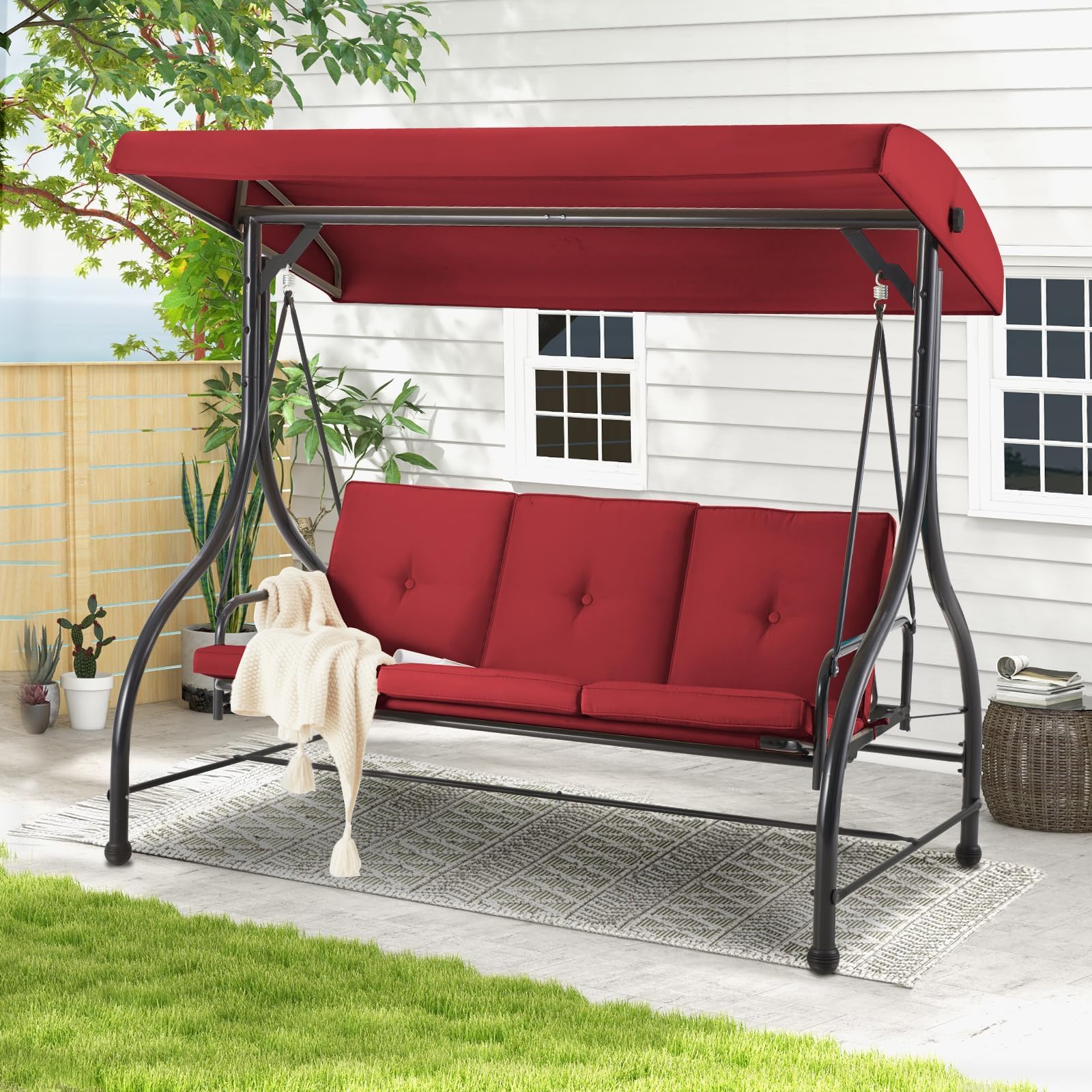 Columpio de jardín, silla de columpio para exteriores, asiento acolchado grueso con toldo inclinable ajustable, banco de hamaca para jardín, balcón, terraza y patio