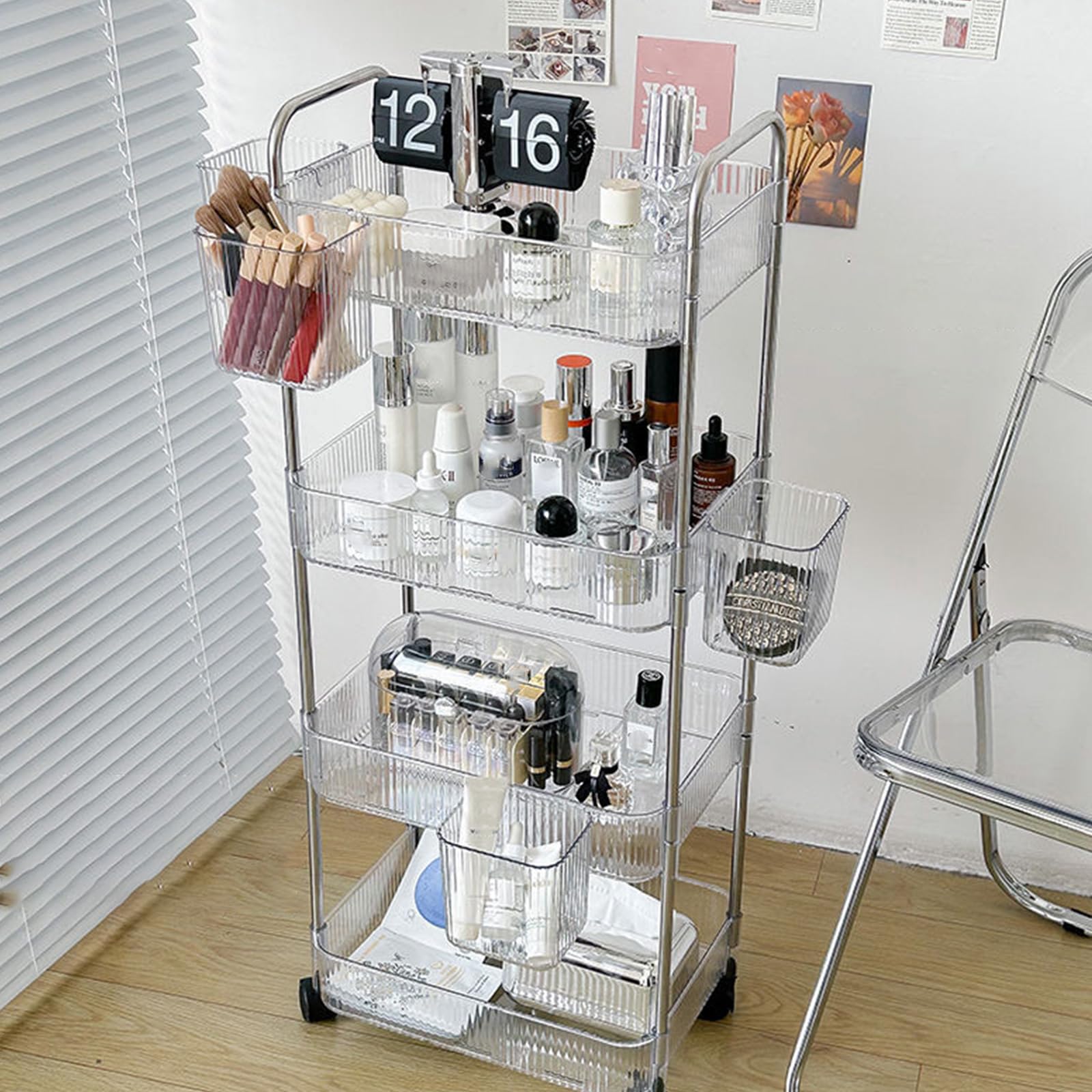 Chariot de rangement multifonction transparent avec lisse pour produits de soins de la peau, maison, bureau chariot de rangement transparent avec