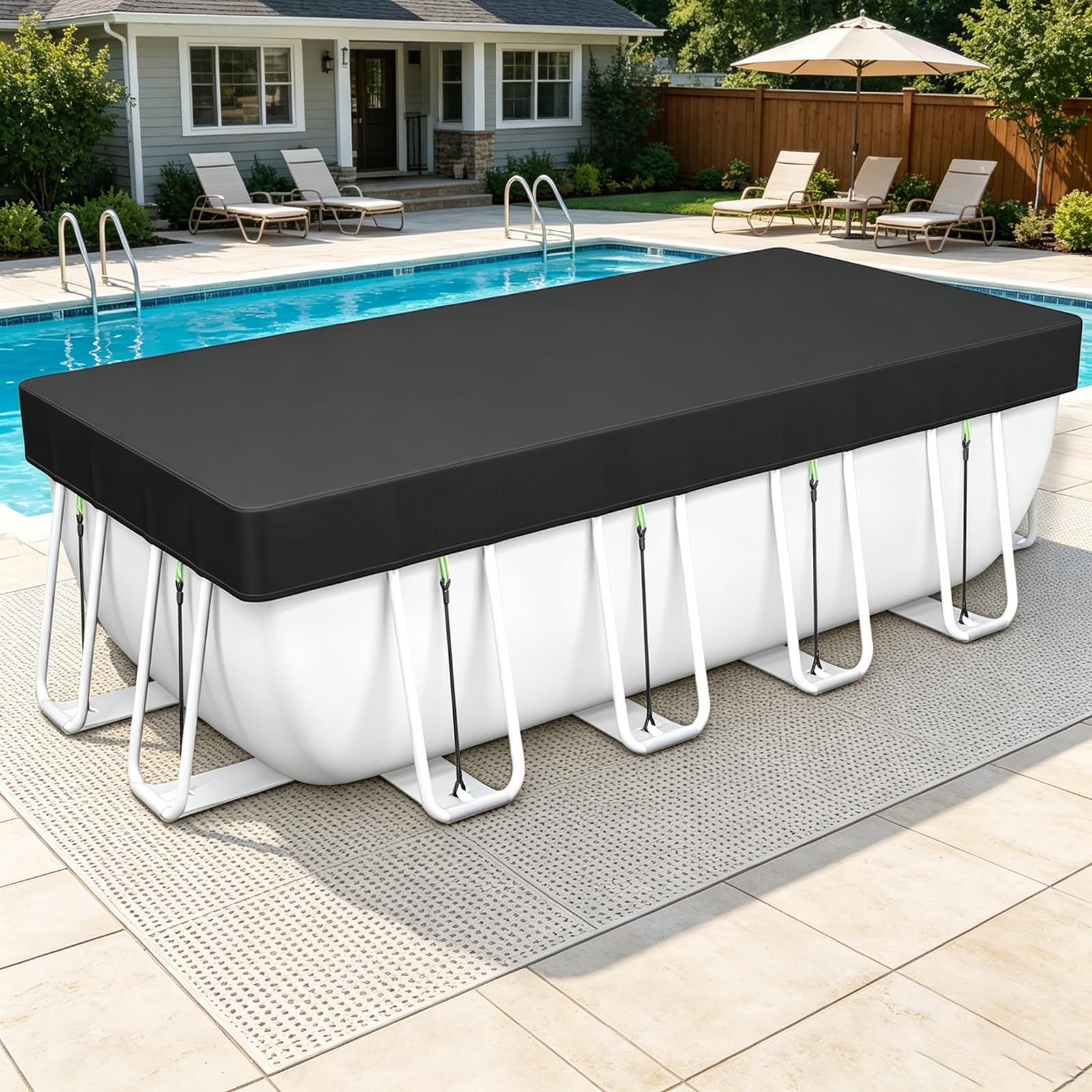 Cobertor de Invierno Rectangular 220 x 220 cm Resistente Anti-UV Cubierta Antipolvo Incluye Cordón de Agarre para Piscinas Rectangulares, Negro