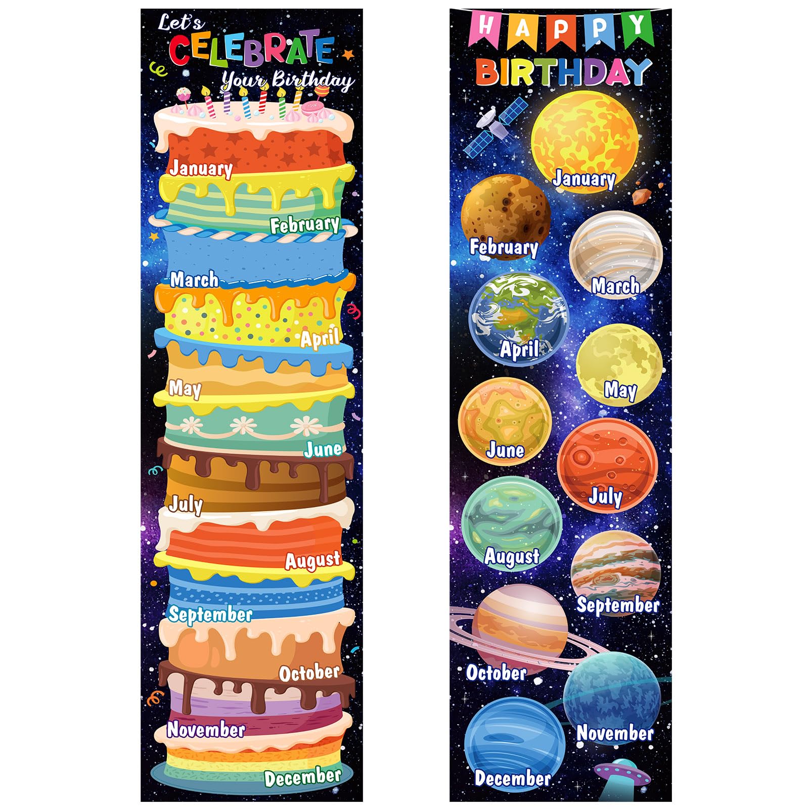 Containlol 2 Pcs Space Happy Birthday Chart Poster for Classroom 39 x 11 in Space Theme Birthday Chart Classroom Calendar Decorations Galaxy Planet