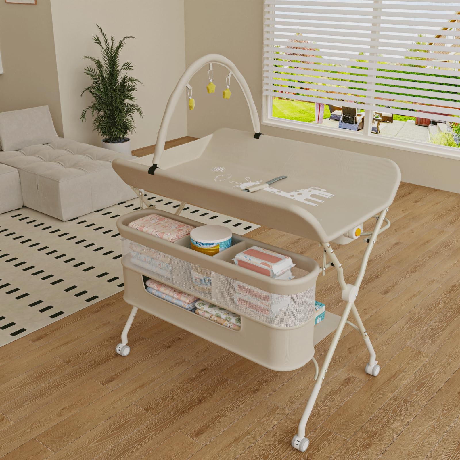 Table à Langer avec roulettes, Pliable, Tapis à Langer Portable, 5 Niveaux réglables, Panier de Rangement à Suspendre pour Nouveau-né, pour Chambre de Bébé,75 * 68 * 83-91cm (B) Blanc crème