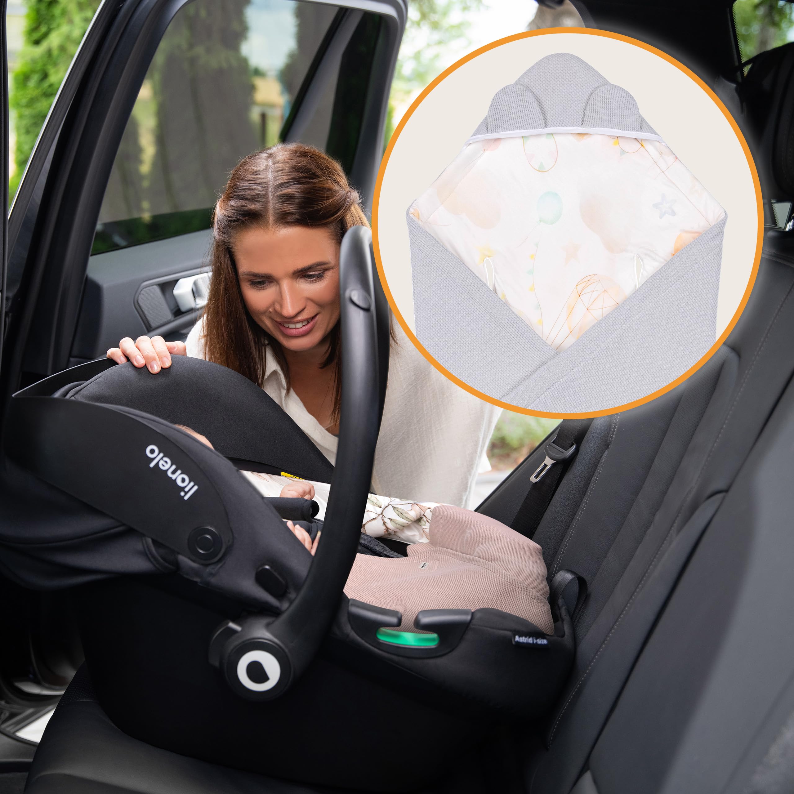 lionelo Travel Swaddle Blanket Manta para Asiento de Bebé Cálida, Portabebés y Cochecito para Todo el Año 90x90 cm Cierre de Velcro, 100% Algodón